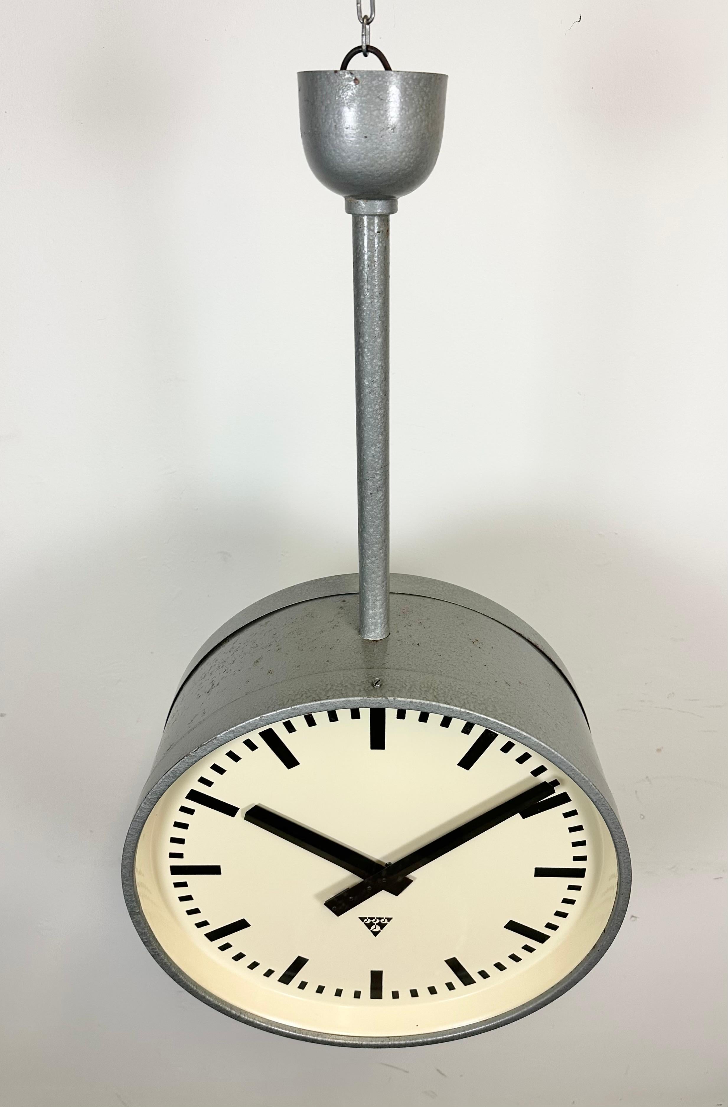 Glass Large Industrial Double Sided Railway or Factory Clock from Pragotron, 1960s For Sale