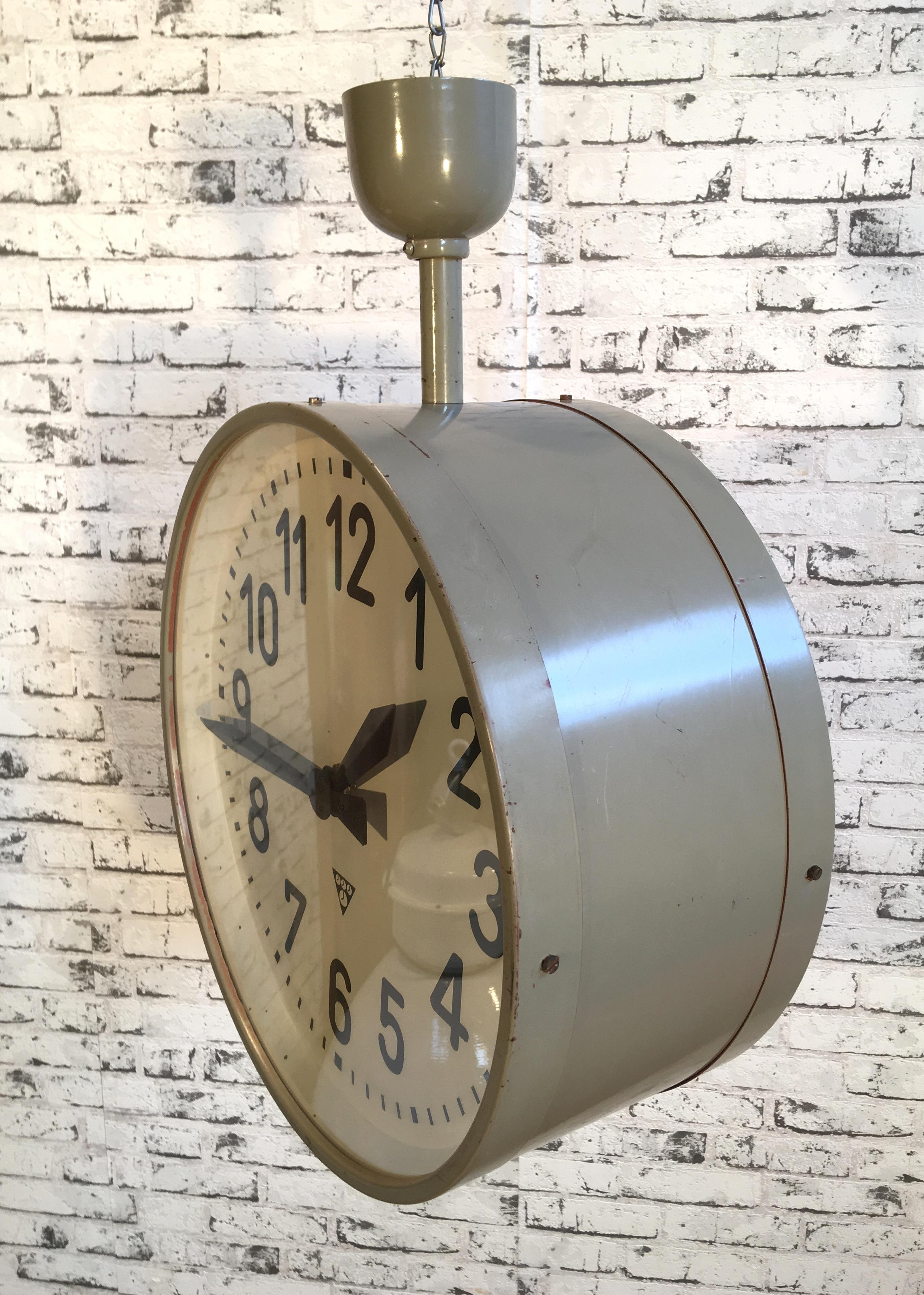Lacquered Large Industrial Double-Sided Railway or Factory Clock from Pragotron, 1950s