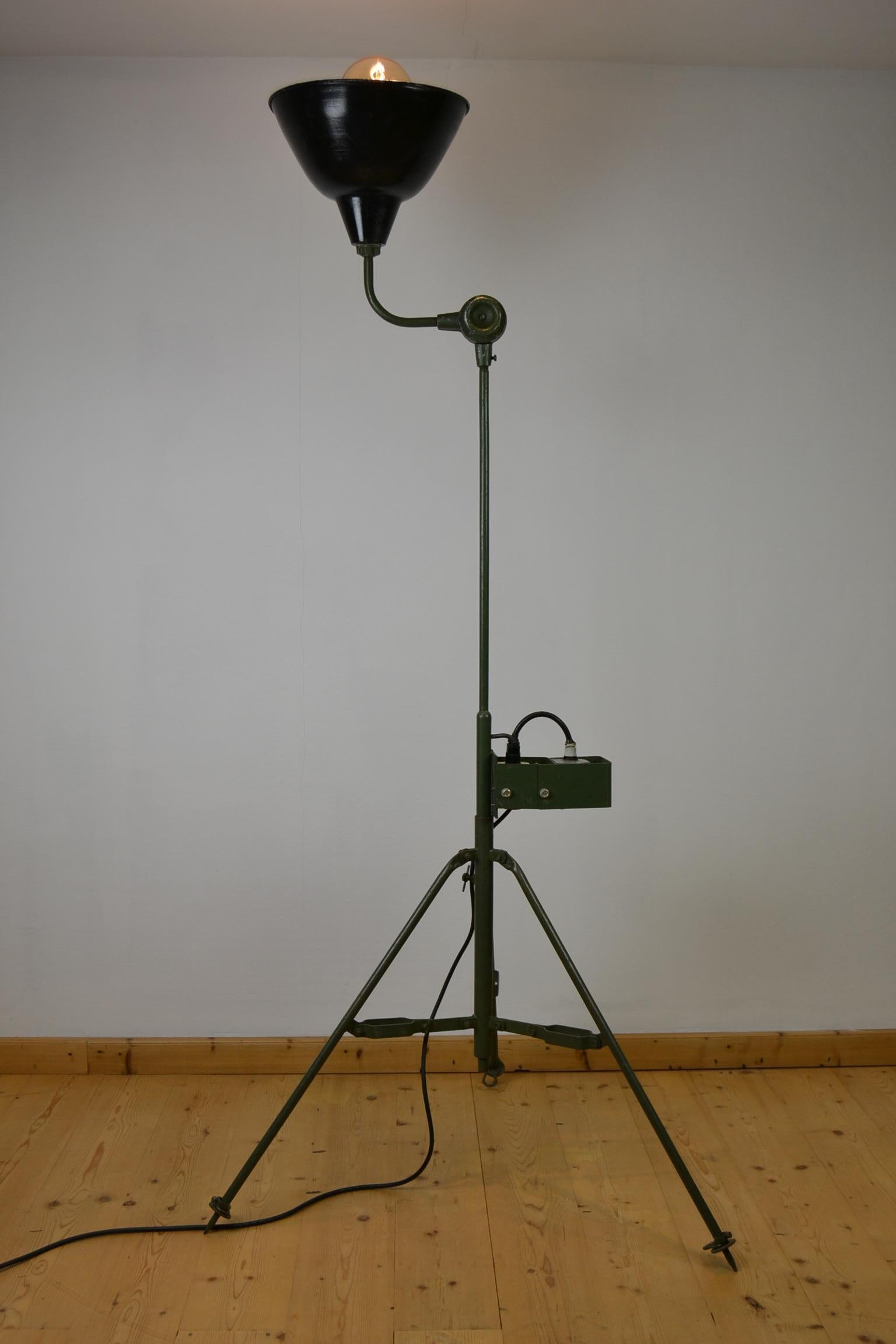 Large Industrial Floor Lamp, Military Spotlight, Army Green Painted Metal 2