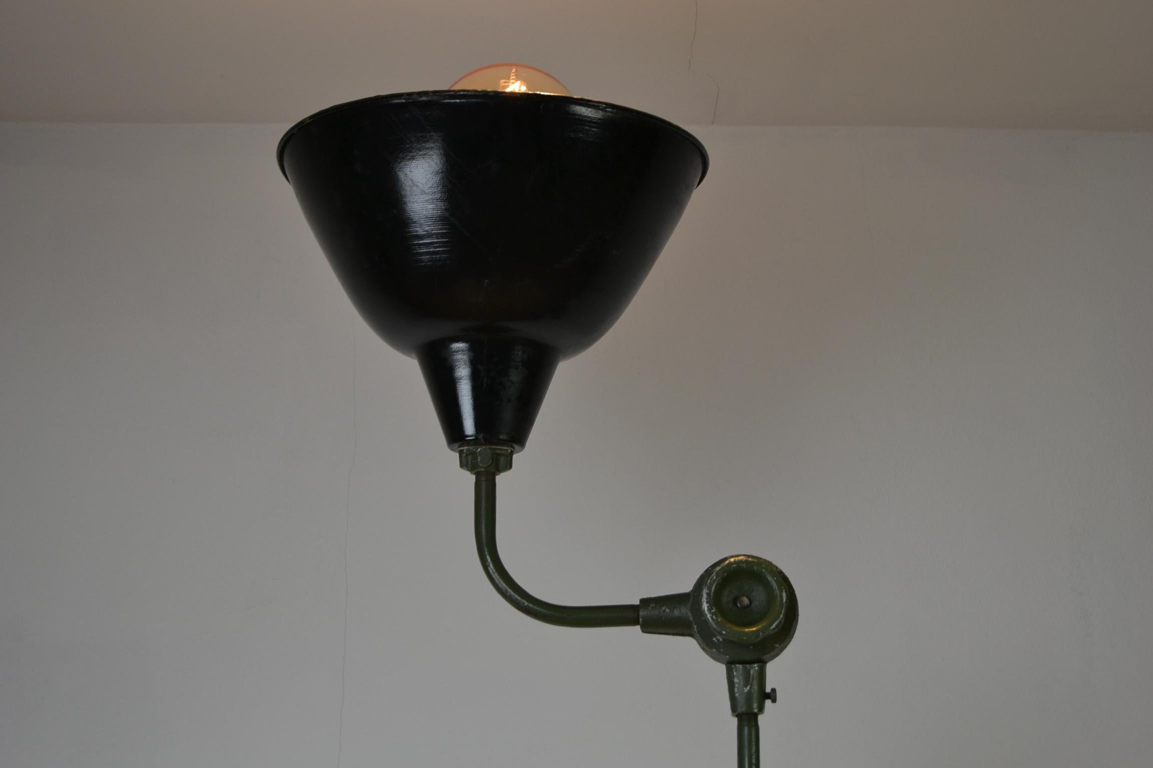 Large Industrial Floor Lamp, Military Spotlight, Army Green Painted Metal 3