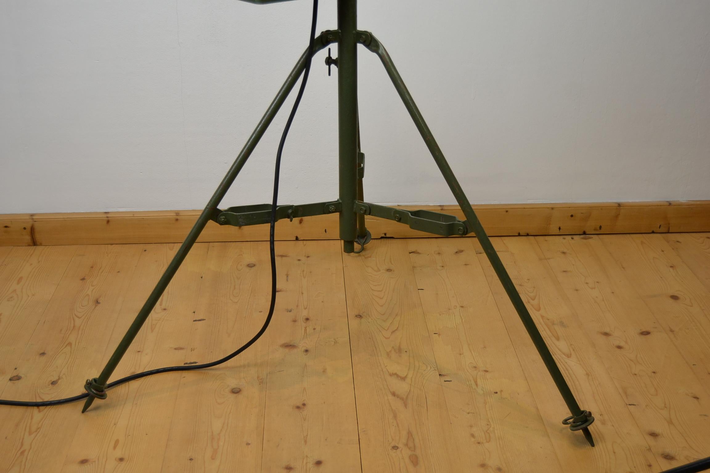 Large Industrial Floor Lamp, Military Spotlight, Army Green Painted Metal 5