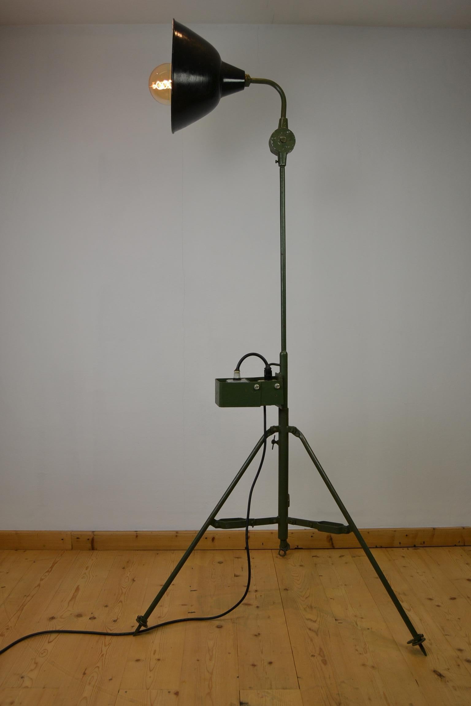 20th Century Large Industrial Floor Lamp, Military Spotlight, Army Green Painted Metal