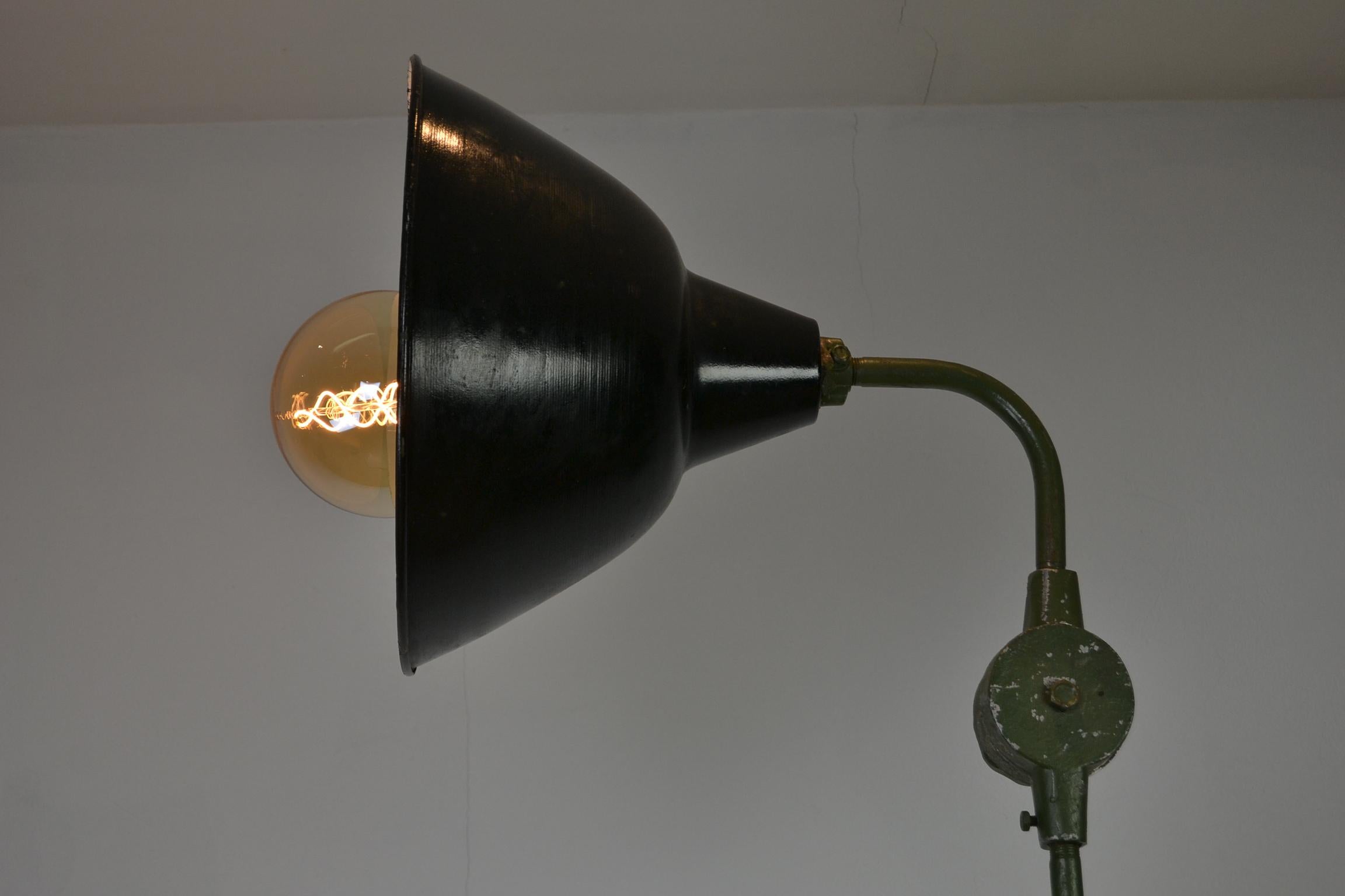 Large Industrial Floor Lamp, Military Spotlight, Army Green Painted Metal 1