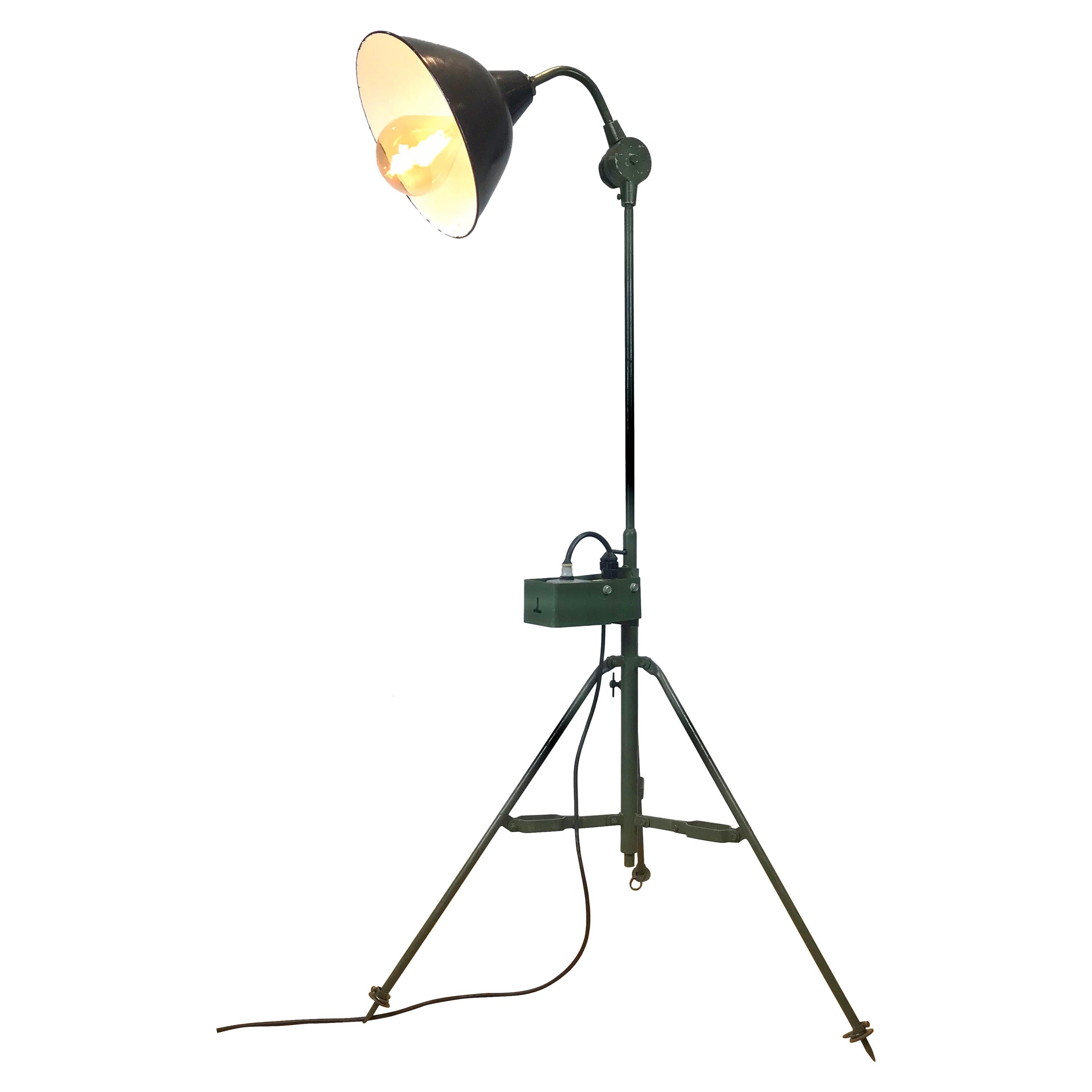 Large Industrial Floor Lamp, Military Spotlight, Army Green Painted Metal