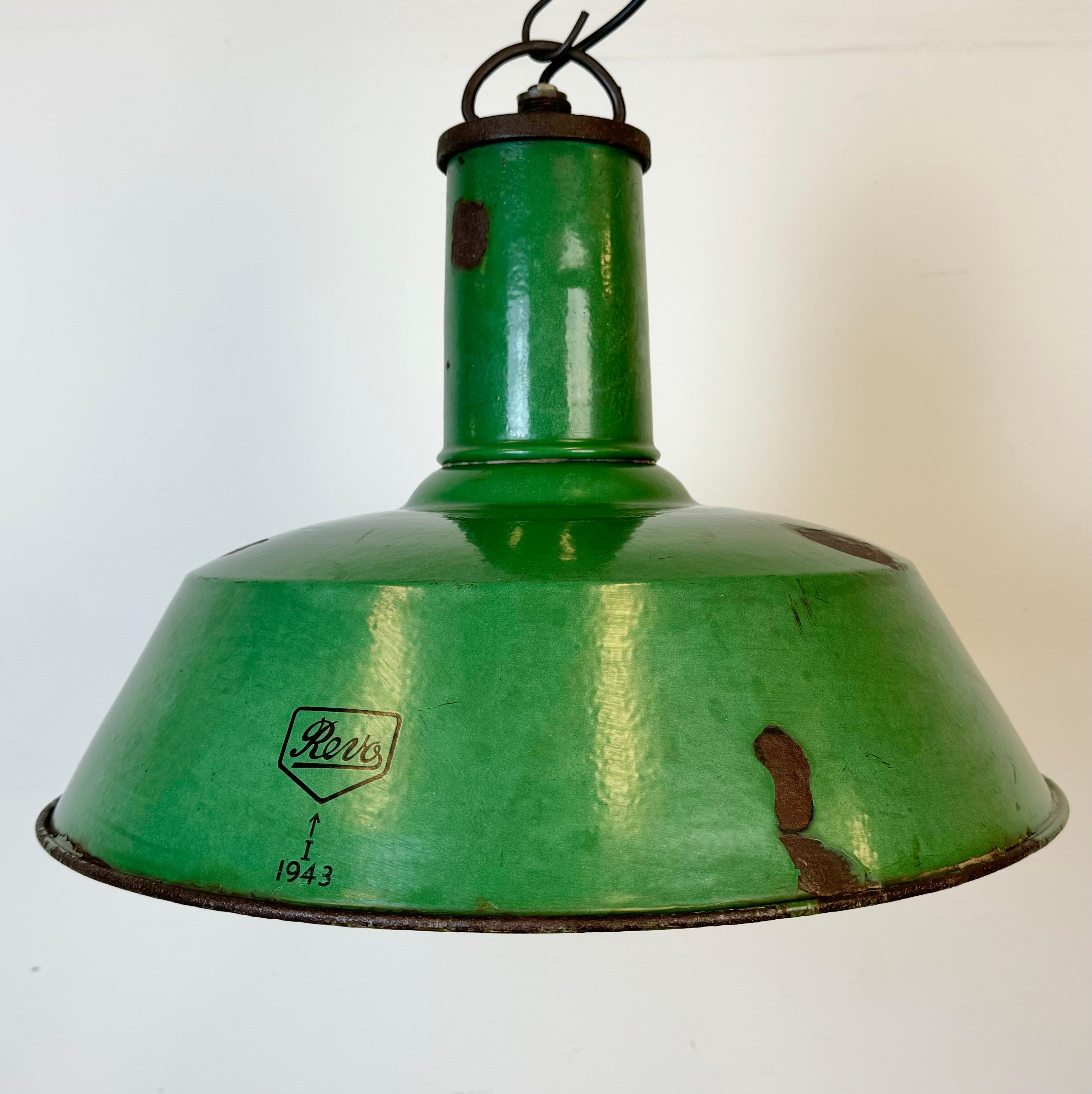 British Large Industrial Green Enamel Factory Pendant Lamp from Revo, 1940s For Sale