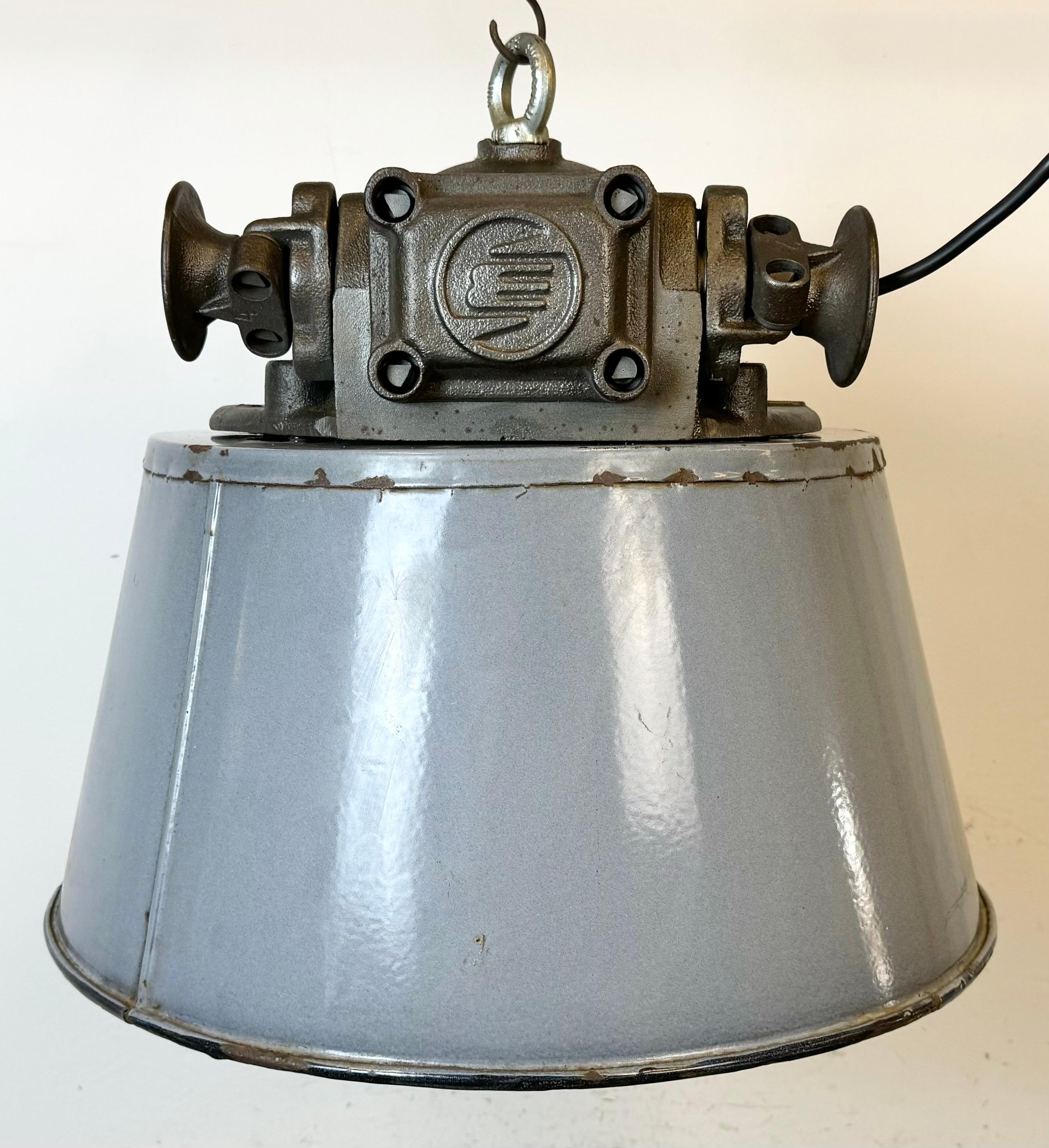 Czech Large Industrial Grey Enamel and Cast Iron Pendant Light, 1960s For Sale