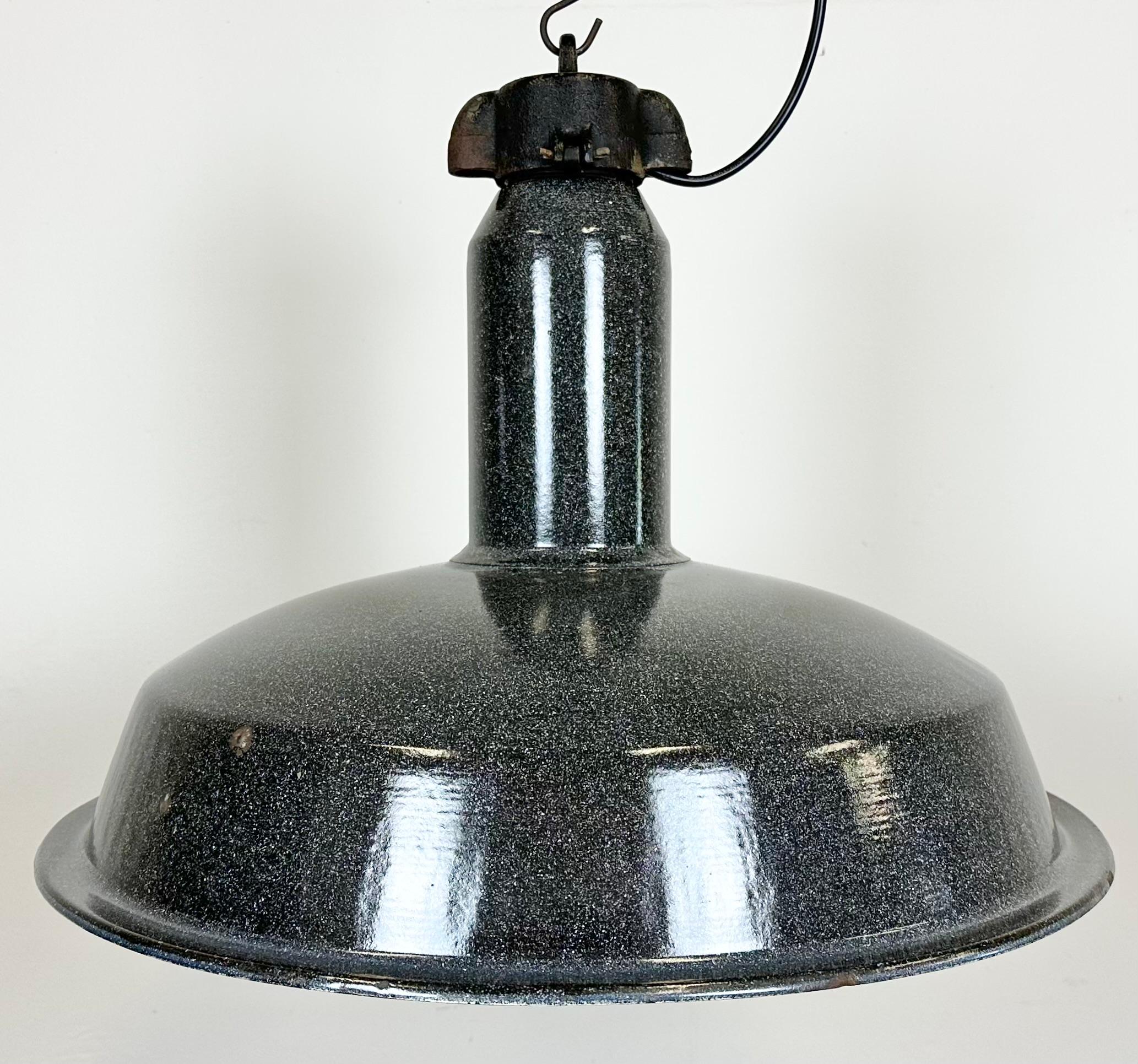 Czech Large Industrial Grey Enamel Factory Lamp with Cast Iron Top, 1960s For Sale