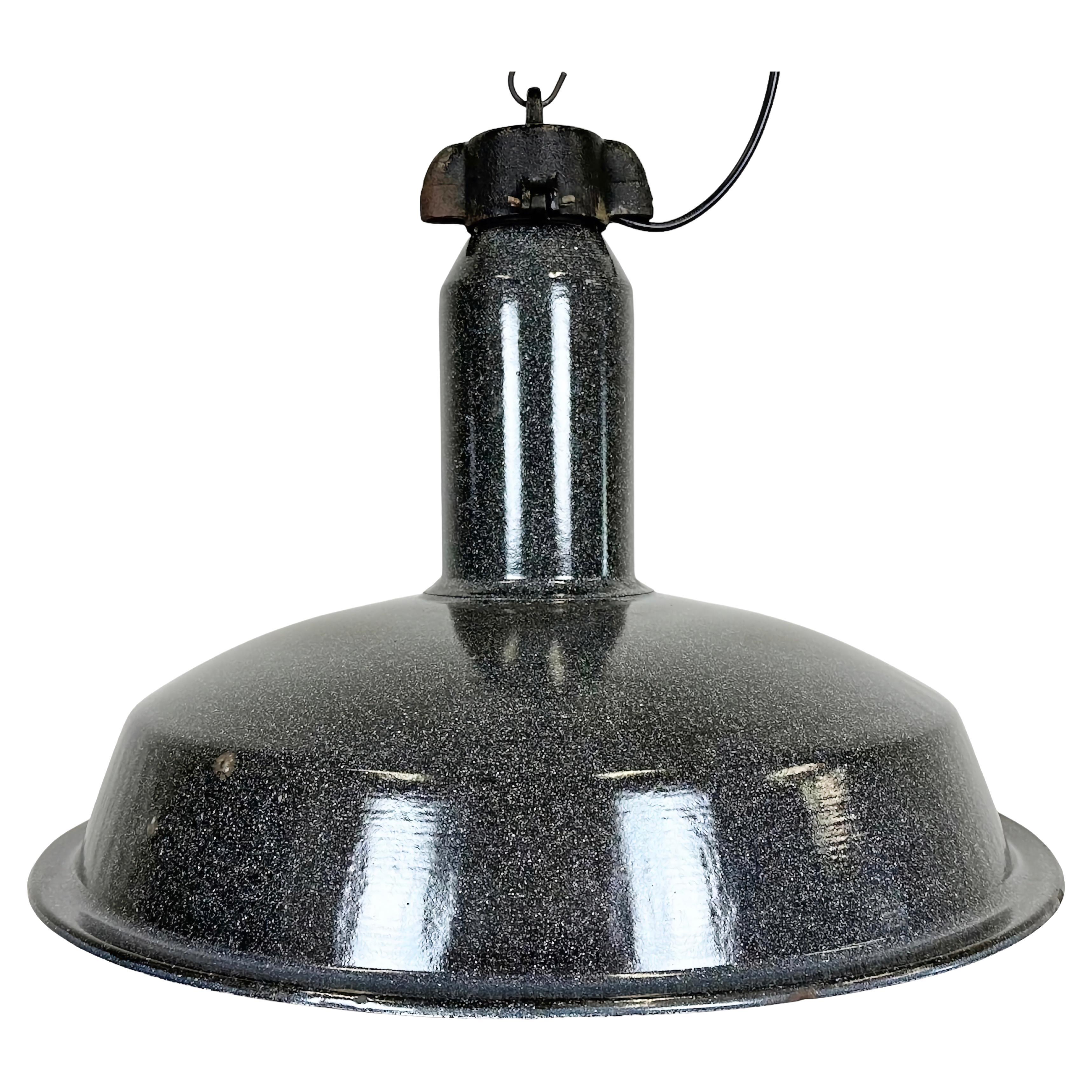 Large Industrial Grey Enamel Factory Lamp with Cast Iron Top, 1960s For Sale