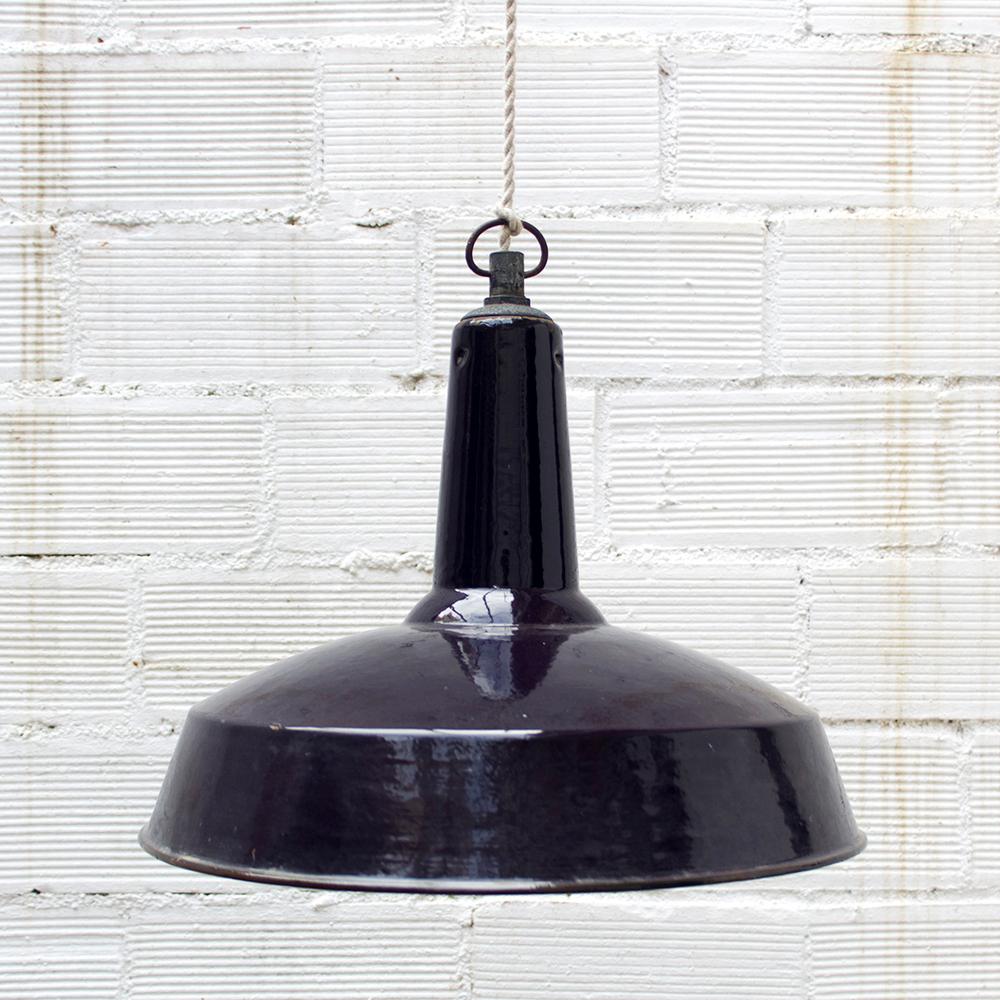 Ceiling lamp, glossy black finish, industrial vintage, 1960s. 

A 1950s industrial style ceiling pendant finished in a glossy black shellac. This single pendant has a narrow base that opens wide with a white finished inside. It has a single