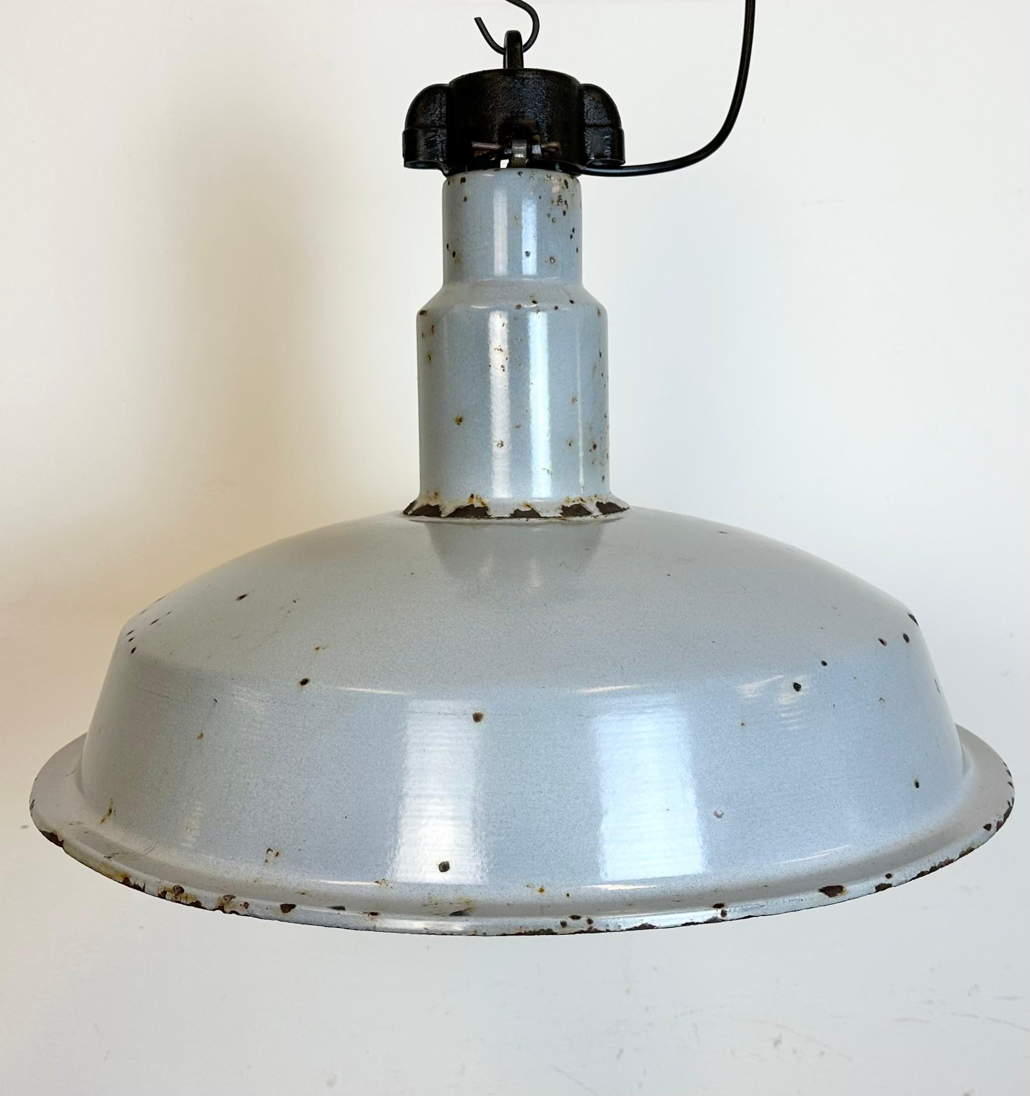 Czech Large Industrial Midcentury Grey Enamel Factory Lamp, 1950s For Sale