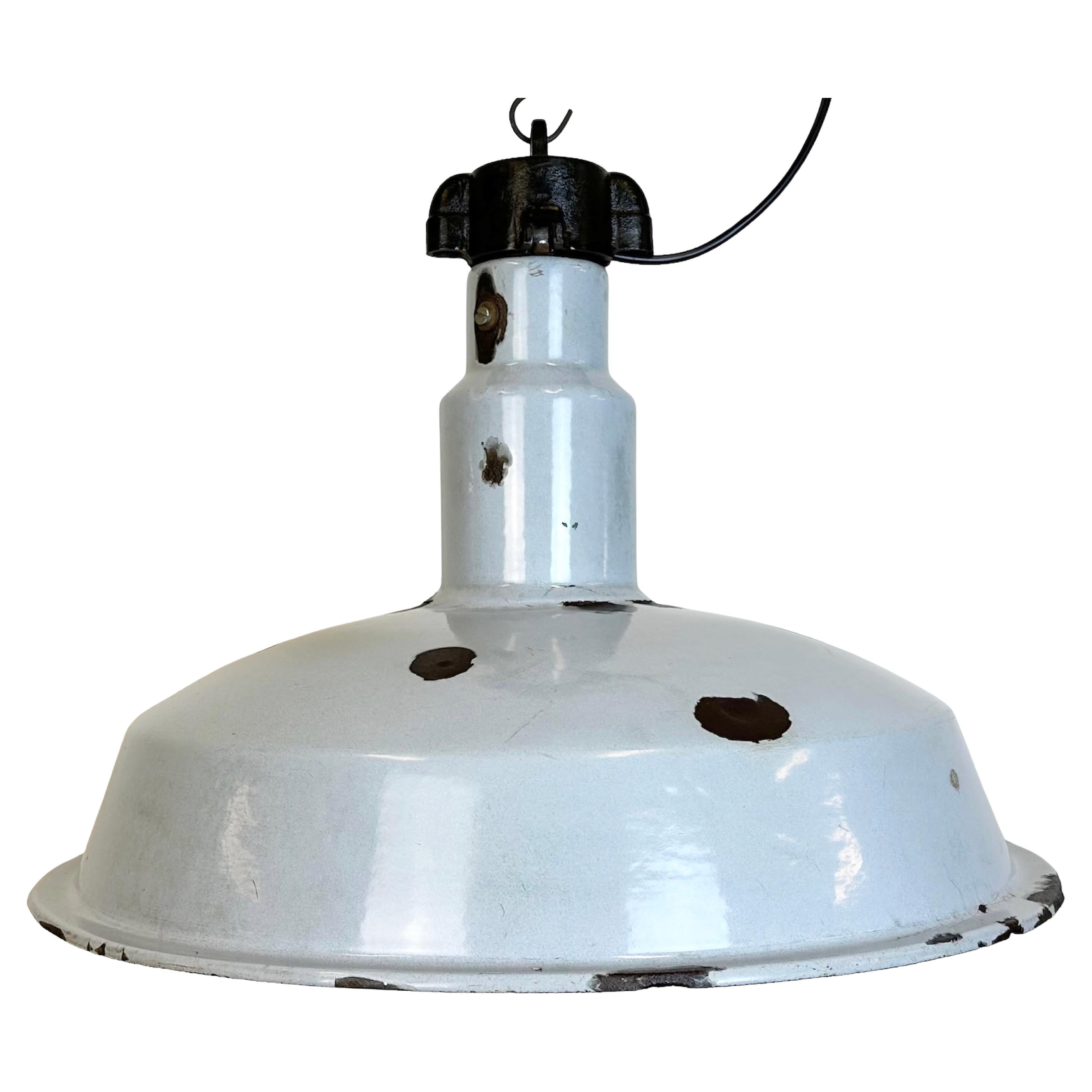 Large Industrial Midcentury Grey Enamel Factory Lamp, 1950s For Sale