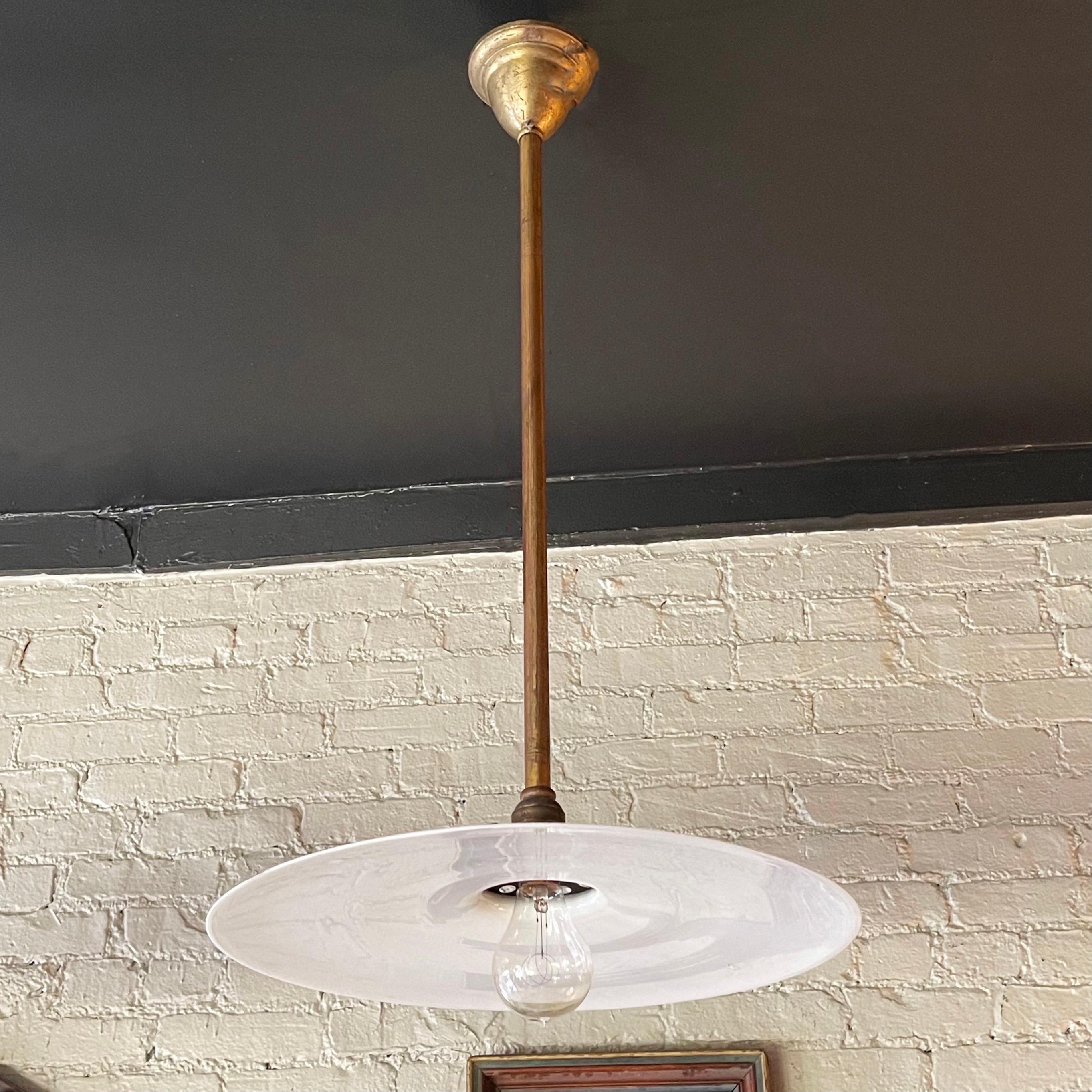 American Large Industrial Milk Glass Disc Pendant Light For Sale