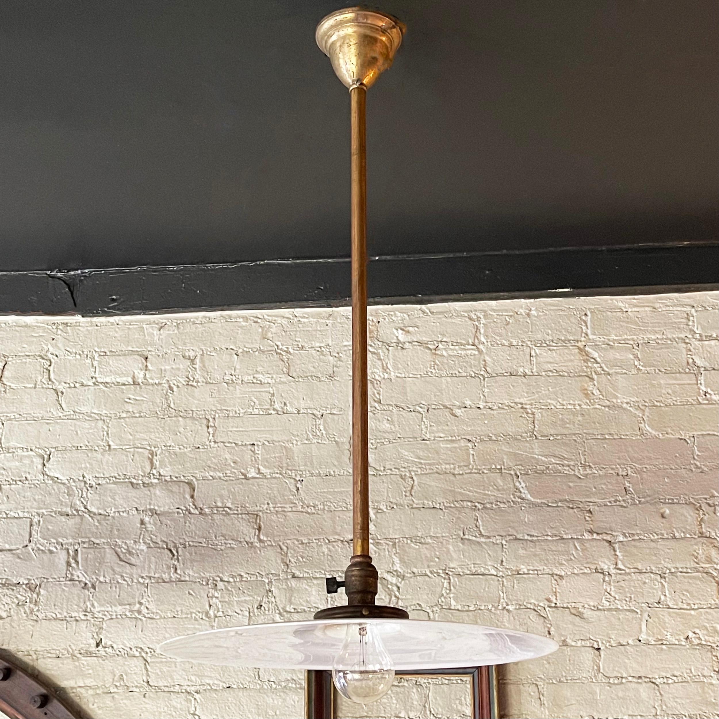 Large Industrial Milk Glass Disc Pendant Light In Good Condition For Sale In Brooklyn, NY