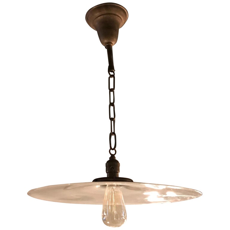 Large Industrial Milk Glass Disc Pendant Light For At 1stdibs