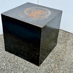 Patinated Steel Cube Pedestal Table, Industrial Modern Design