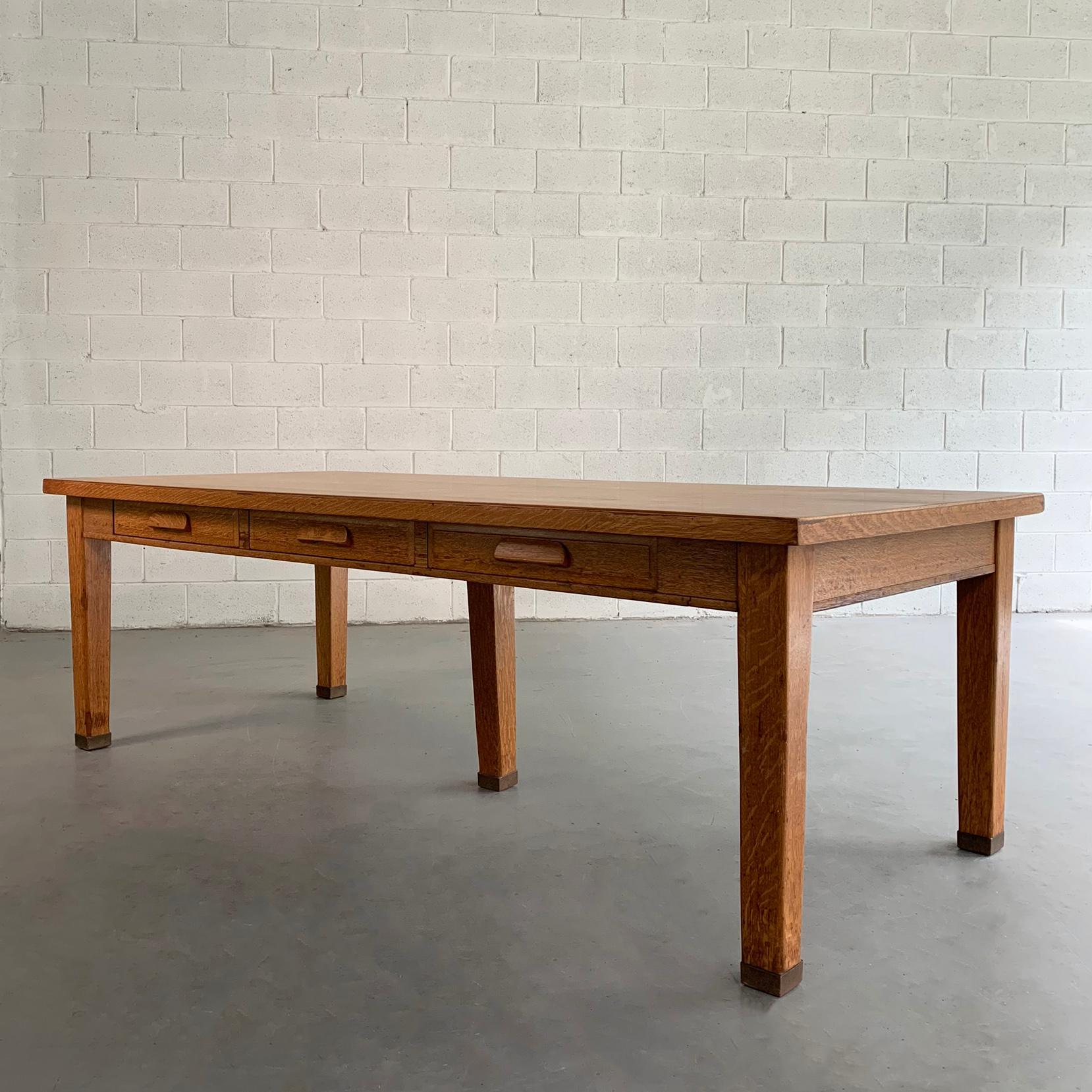 American Large Industrial Oak Library Work Dining Table