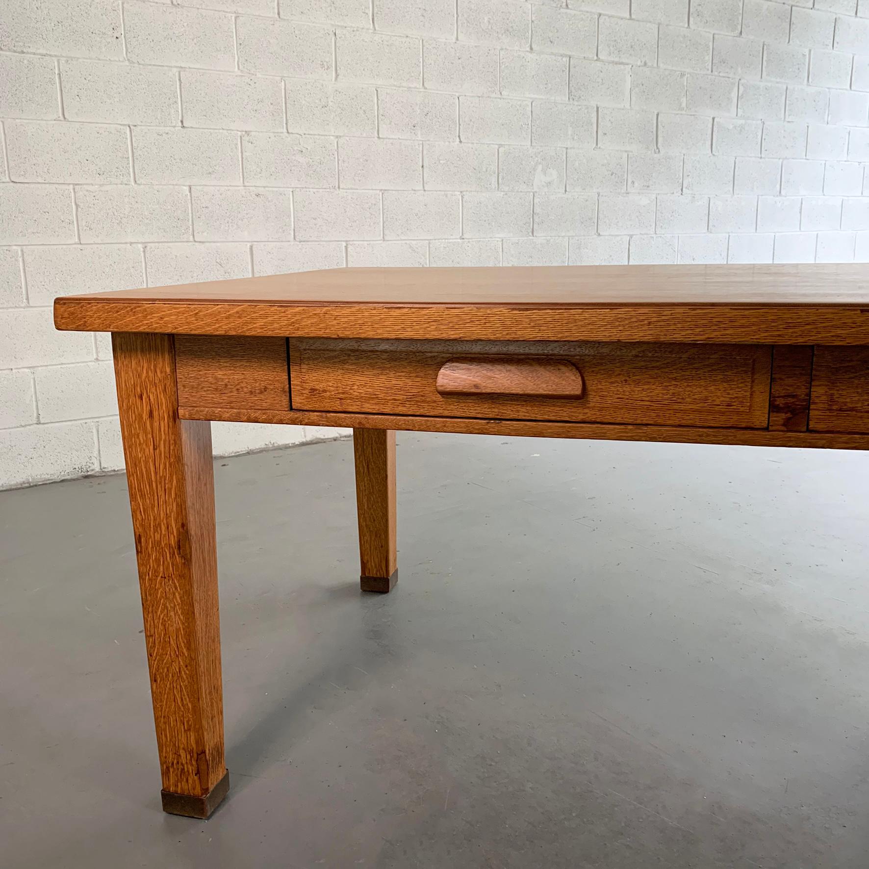 Brass Large Industrial Oak Library Work Dining Table