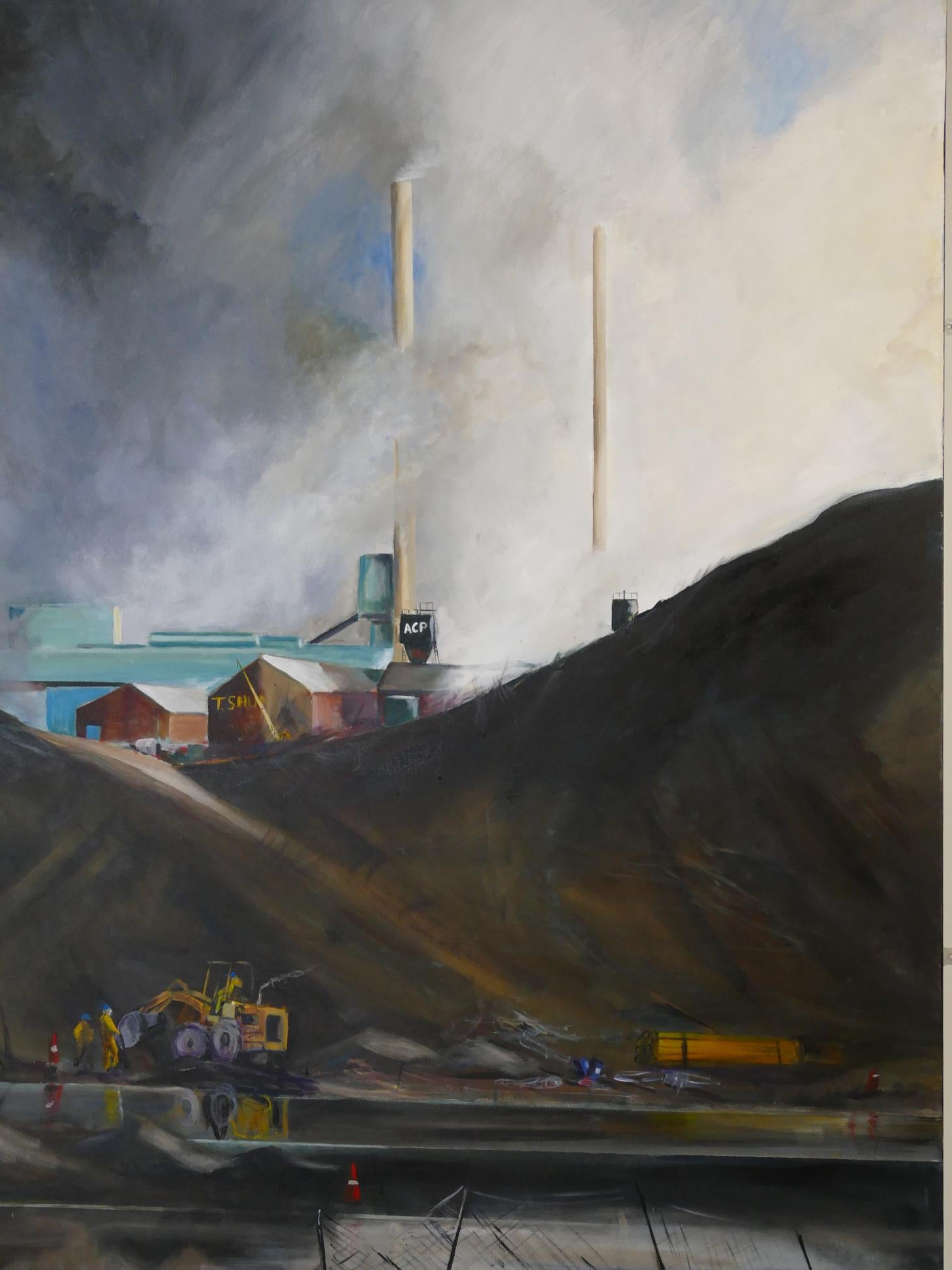 Large Industrial Oil on Canvas Titled ‘Road Builders’ In Good Condition For Sale In Warrington, GB