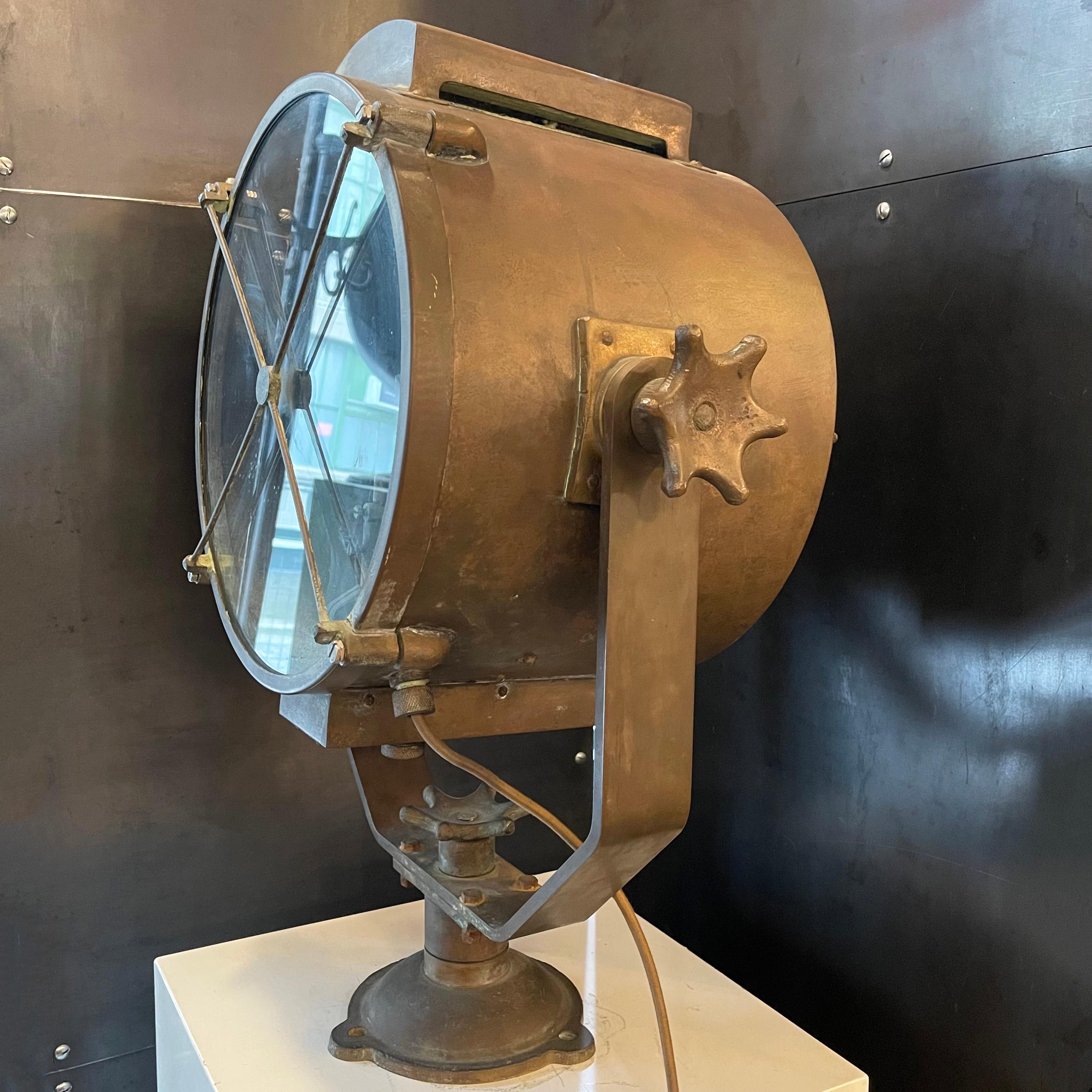 Large Industrial Patinated Copper Search Light In Good Condition For Sale In Brooklyn, NY