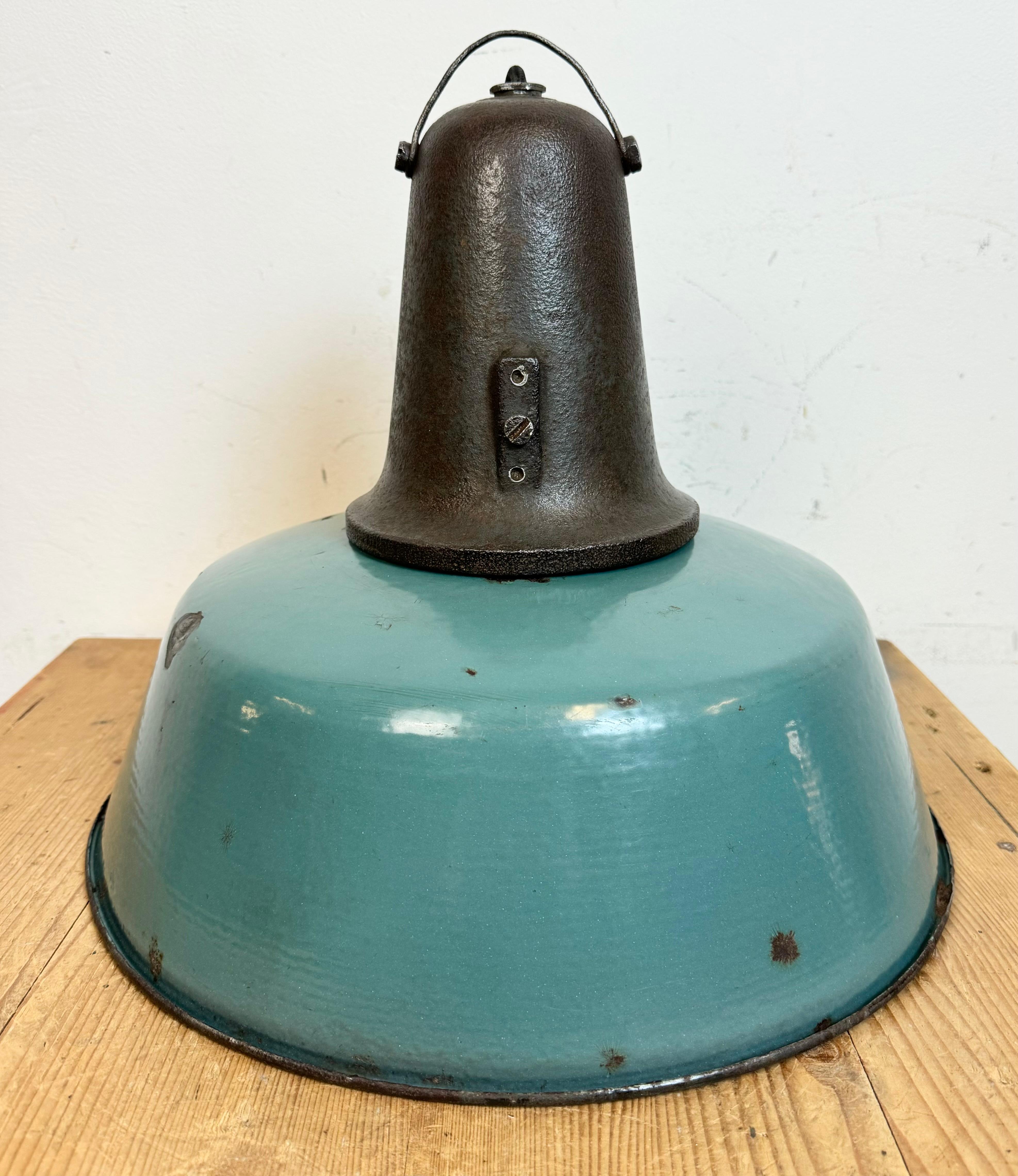 Large Industrial Petrol Enamel Factory Lamp with Cast Iron Top, 1960s For Sale 7