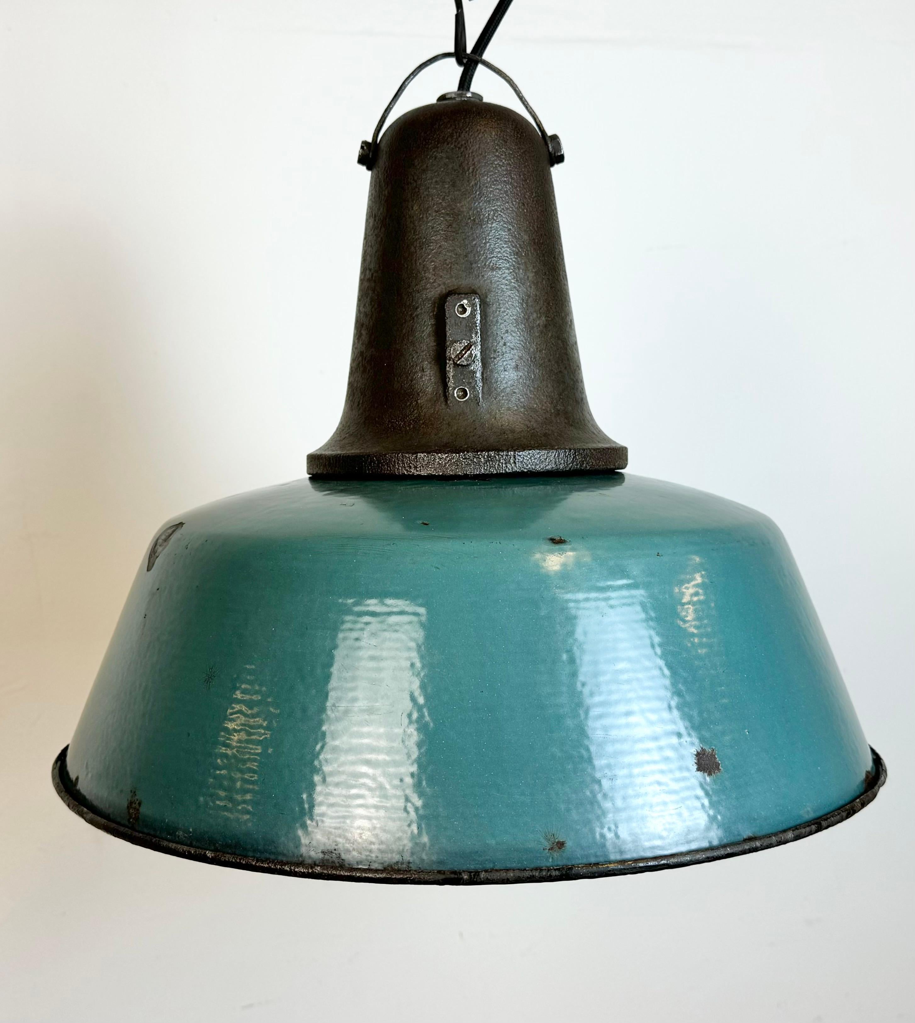 Polish Large Industrial Petrol Enamel Factory Lamp with Cast Iron Top, 1960s For Sale