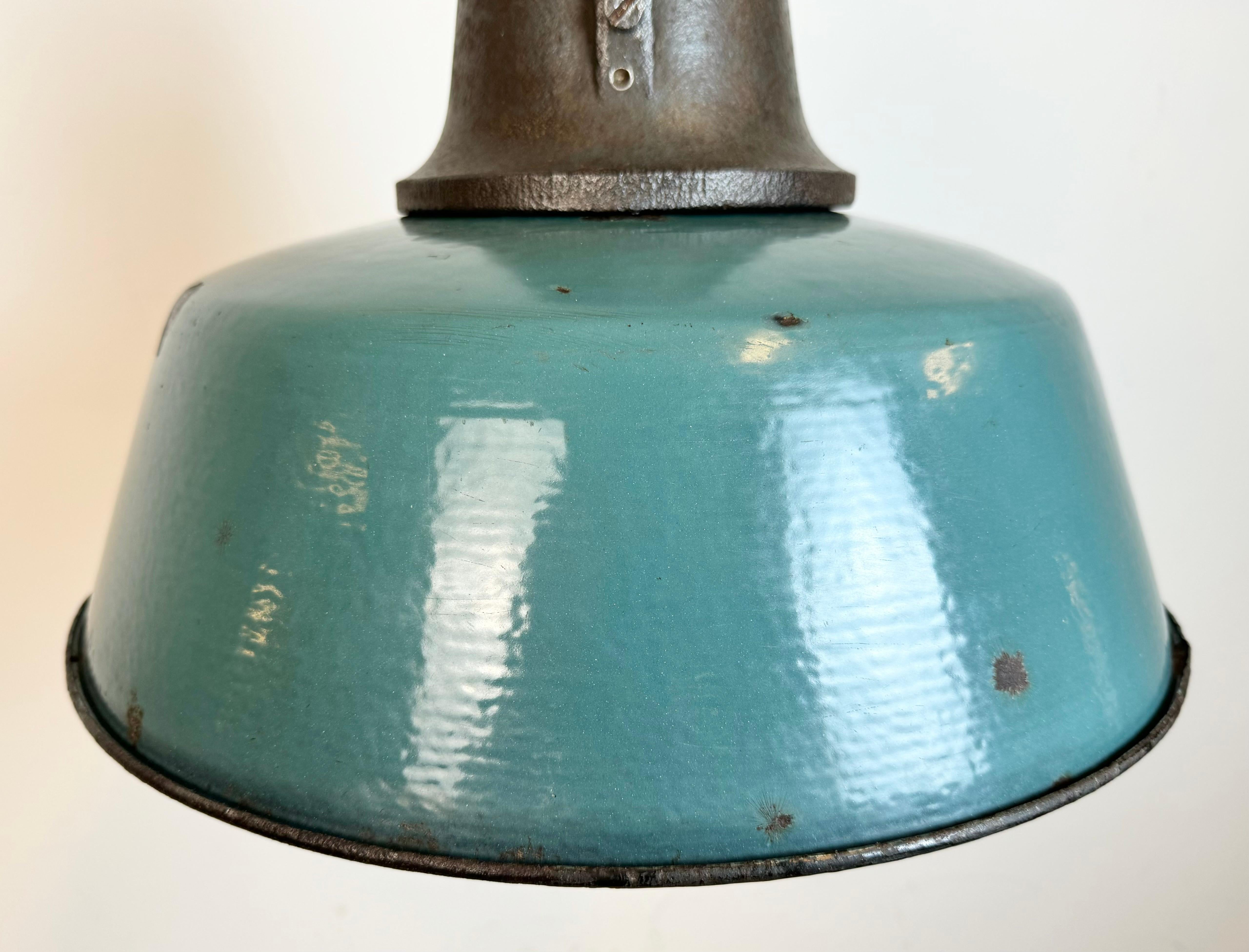 20th Century Large Industrial Petrol Enamel Factory Lamp with Cast Iron Top, 1960s For Sale