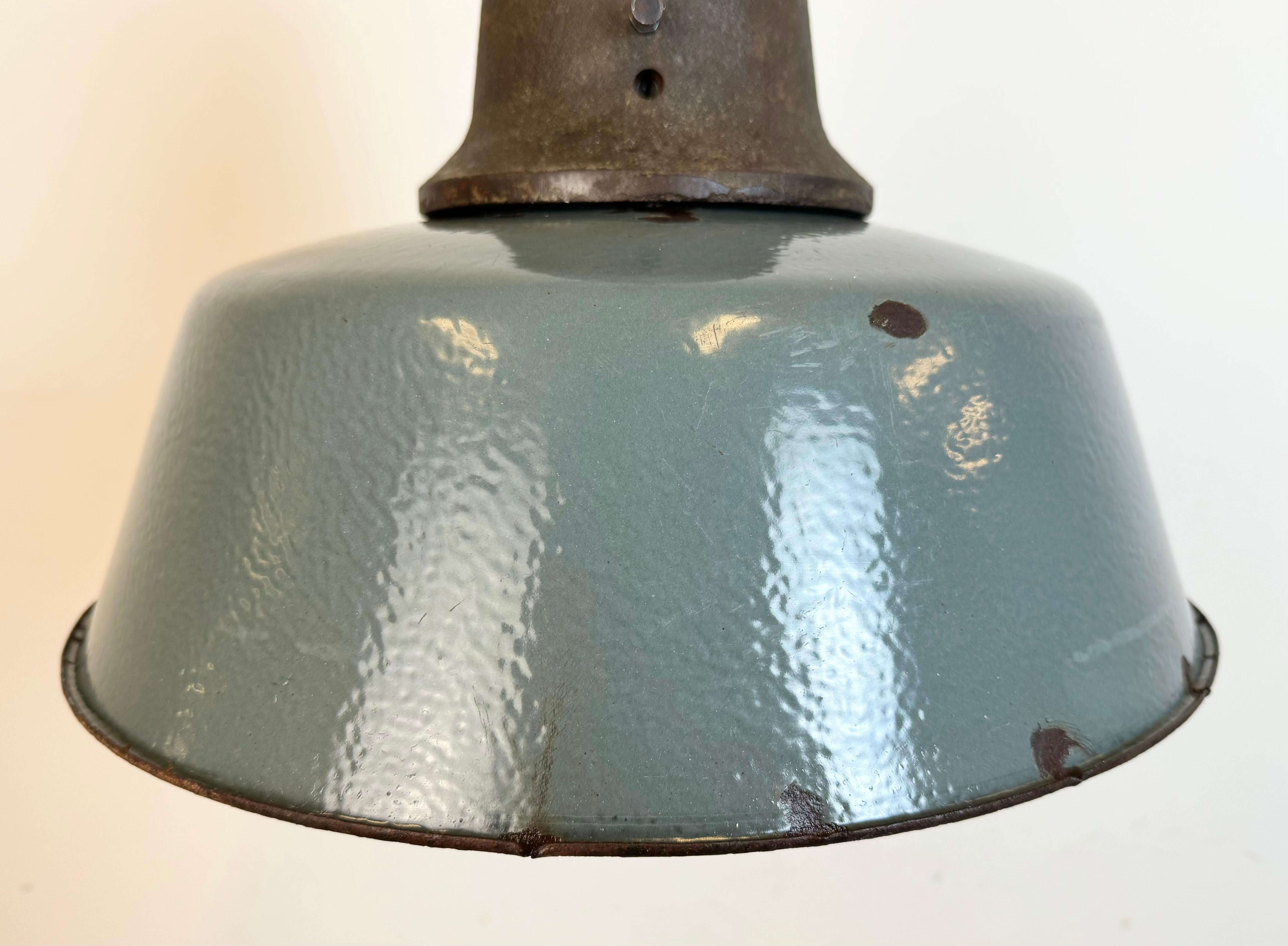 20th Century Large Industrial Grey Enamel Factory Lamp with Cast Iron Top, 1960s For Sale