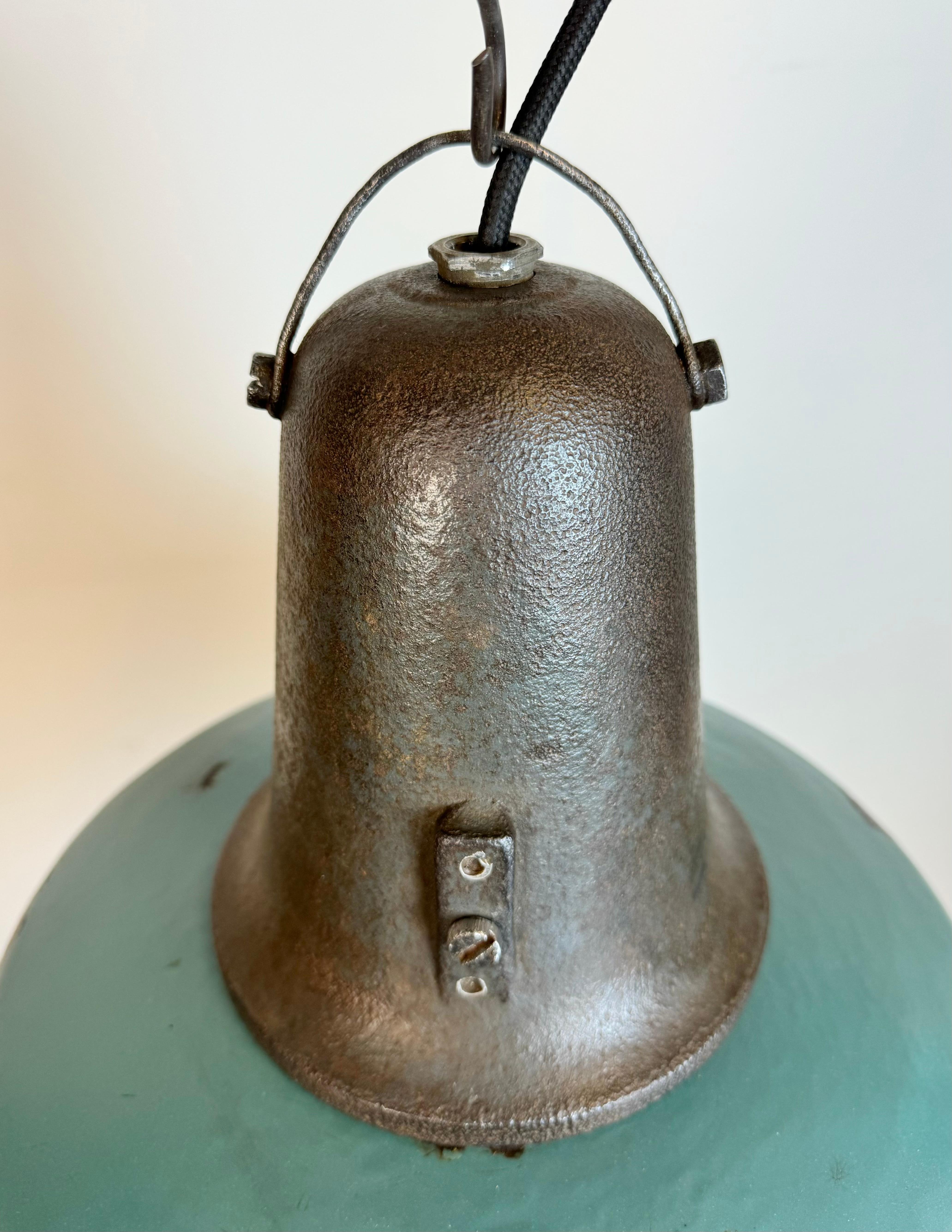 Large Industrial Petrol Enamel Factory Lamp with Cast Iron Top, 1960s For Sale 1