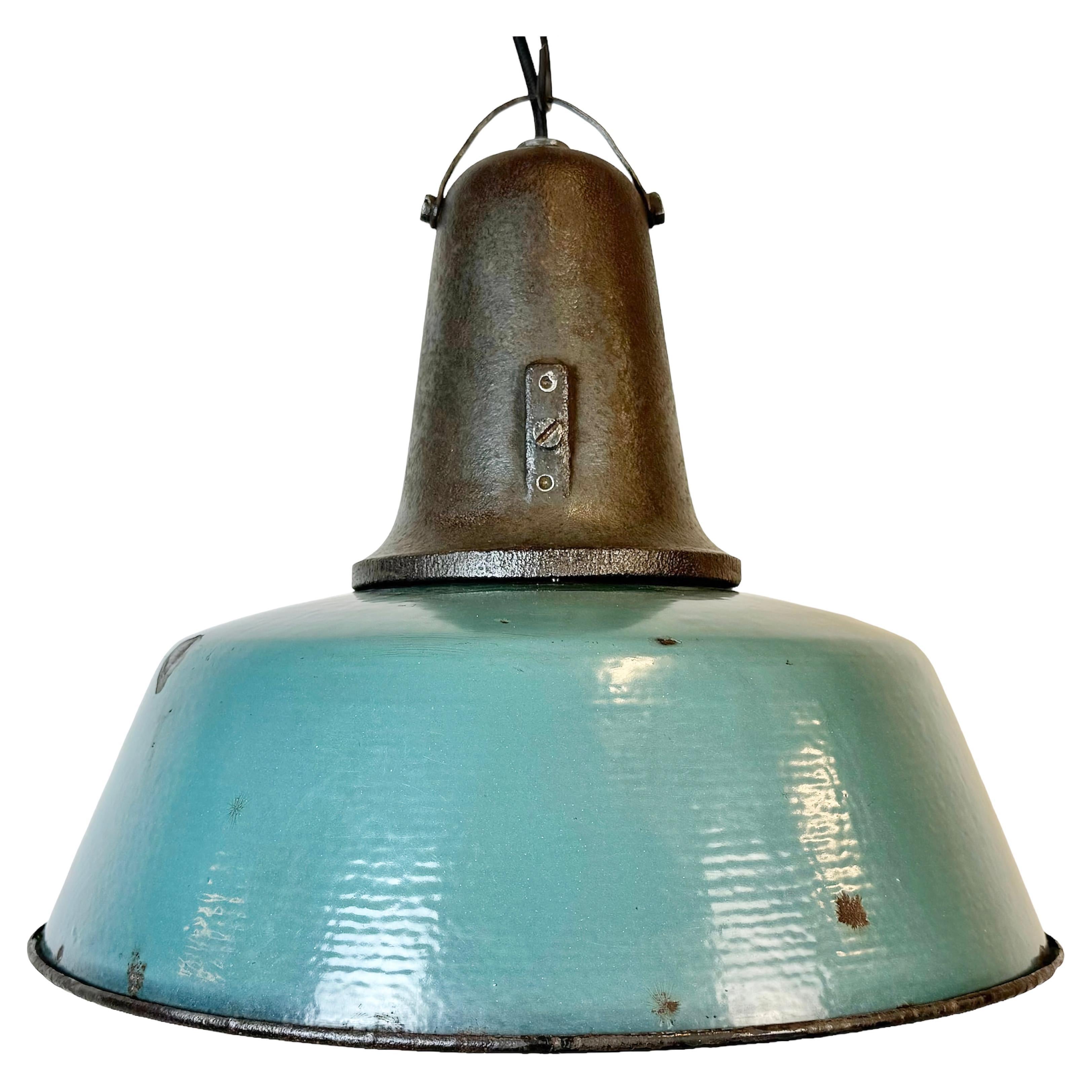 Large Industrial Petrol Enamel Factory Lamp with Cast Iron Top, 1960s For Sale