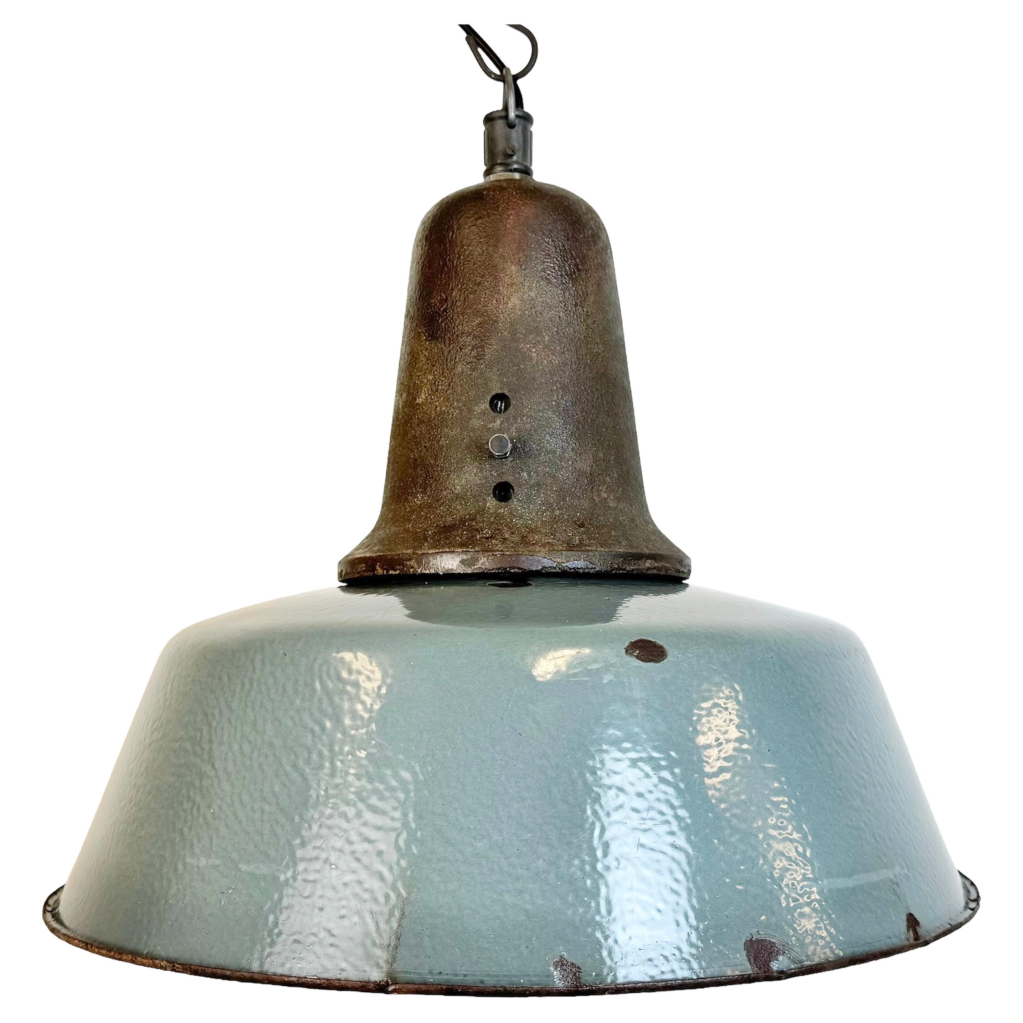 Large Industrial Grey Enamel Factory Lamp with Cast Iron Top, 1960s For Sale