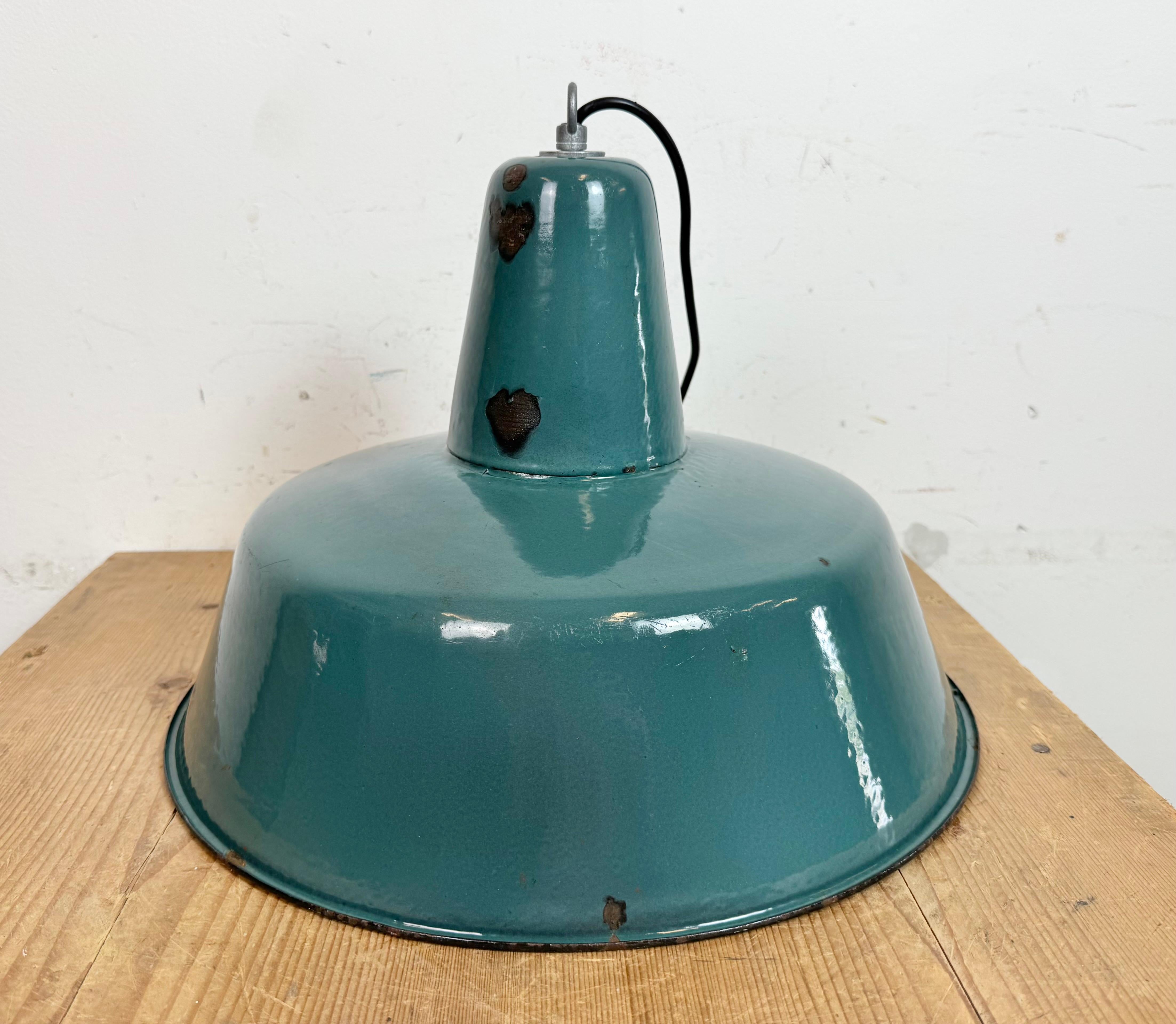 Large Industrial Petrol Enamel Factory Pendant Lamp, 1960s For Sale 7