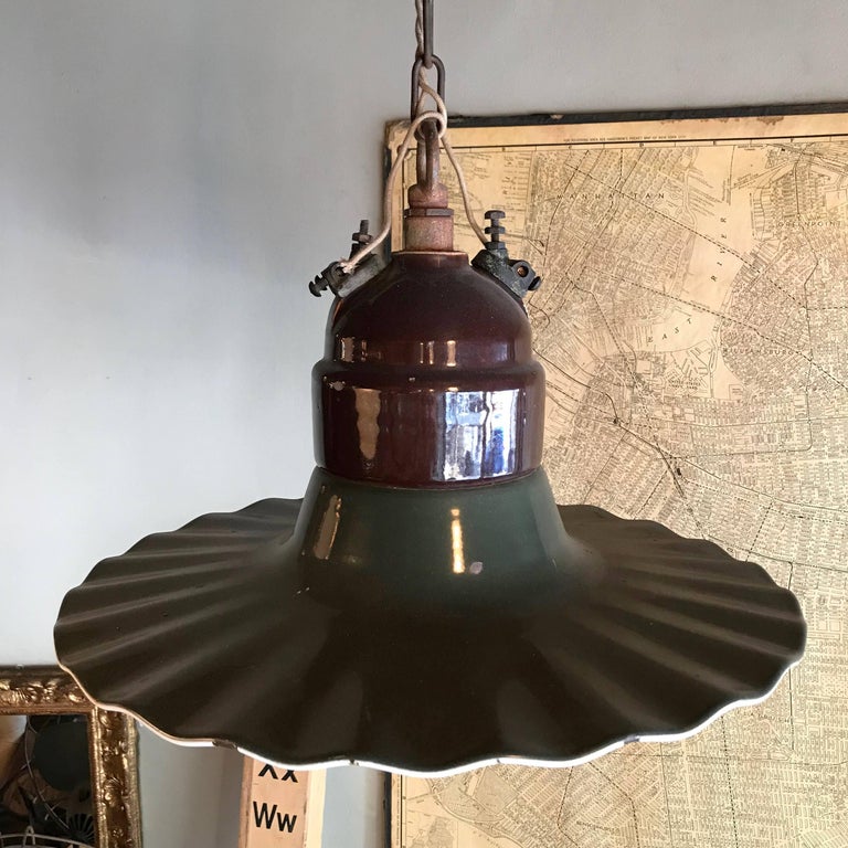 Large Industrial Ruffled Porcelain Enamel Gas Station Pendant Light For Sale at 1stDibs