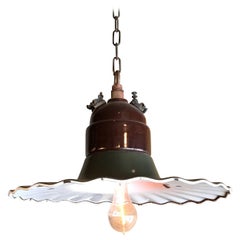 Large Industrial Ruffled Porcelain Enamel Gas Station Pendant Light