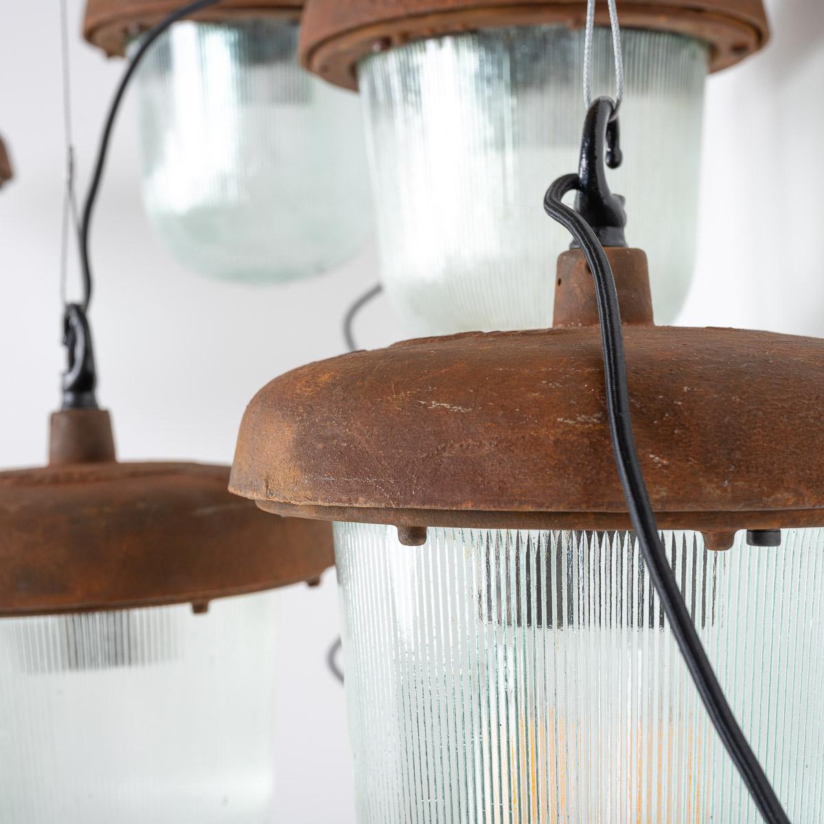 Large Industrial Rusted Pendant Lights Reclaimed From The Eastern Bloc Set of 3 For Sale 10