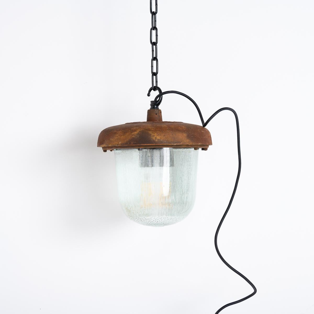 Czech Large Industrial Rusted Pendant Lights Reclaimed From The Eastern Bloc Set of 3 For Sale