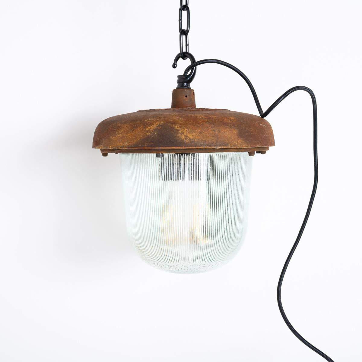 Cast Large Industrial Rusted Pendant Lights Reclaimed From The Eastern Bloc Set of 3 For Sale