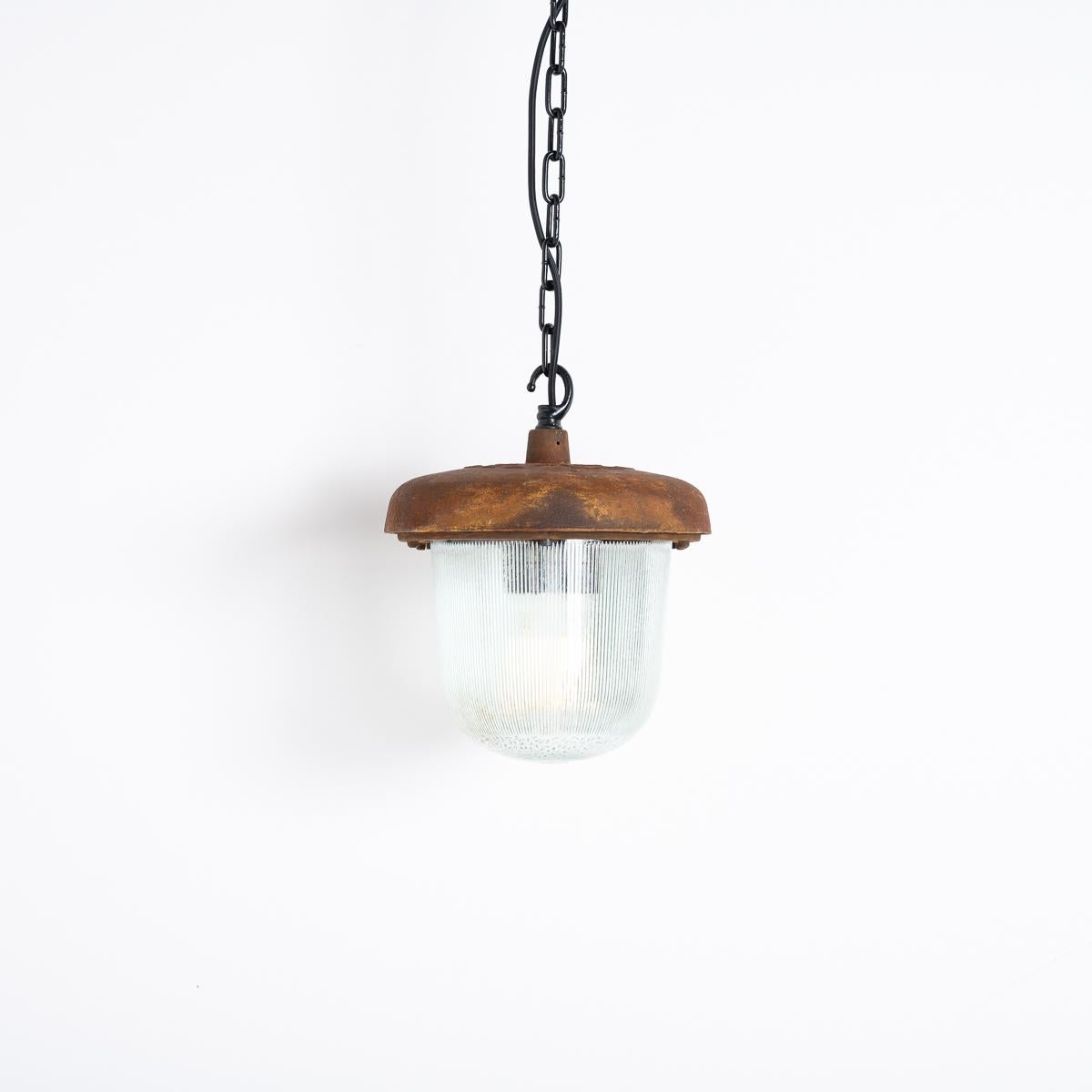 Large Industrial Rusted Pendant Lights Reclaimed From The Eastern Bloc Set of 3 In Good Condition For Sale In Nottingham, GB
