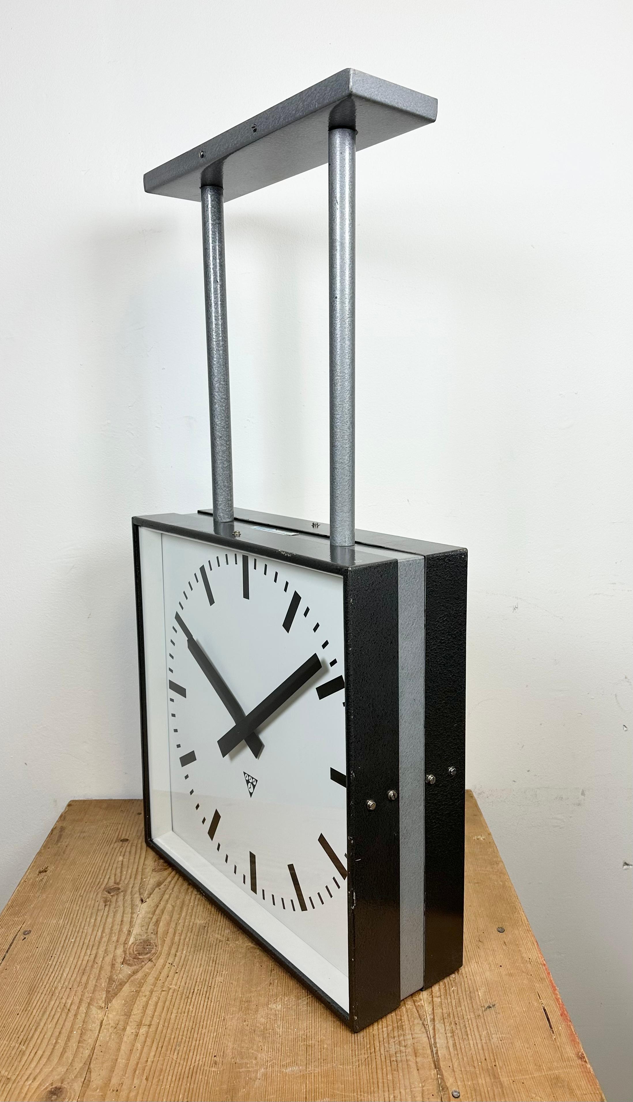 Large Industrial Square Double Sided Factory Ceiling Clock from Pragotron, 1970s For Sale 3