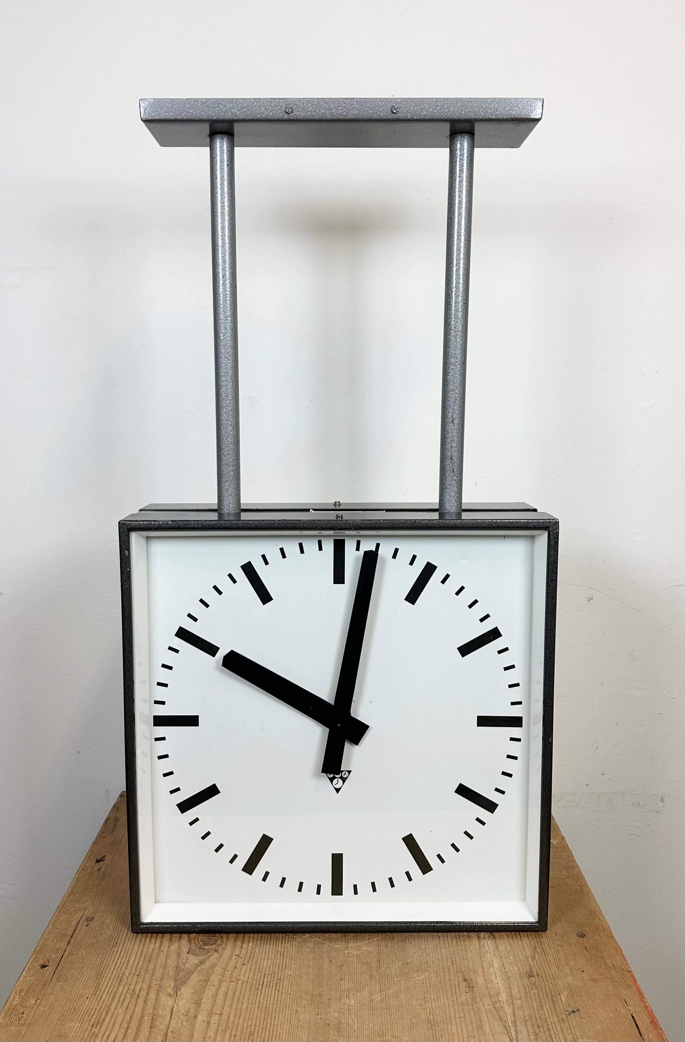Large Industrial Square Double Sided Factory Ceiling Clock from Pragotron, 1970s For Sale 5