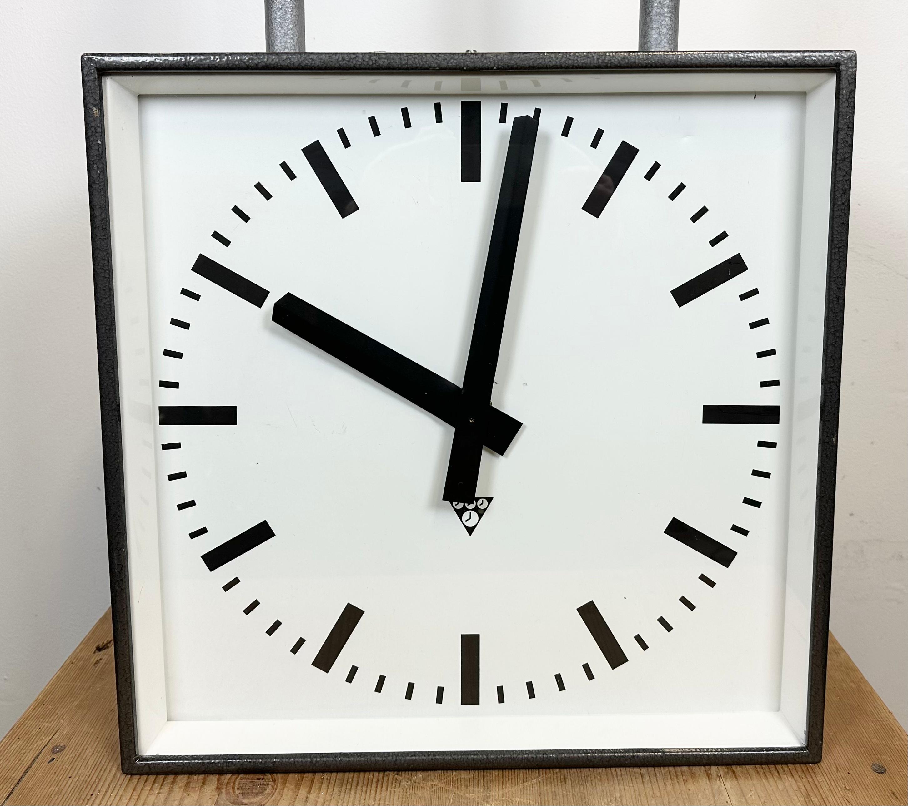 Large Industrial Square Double Sided Factory Ceiling Clock from Pragotron, 1970s For Sale 7