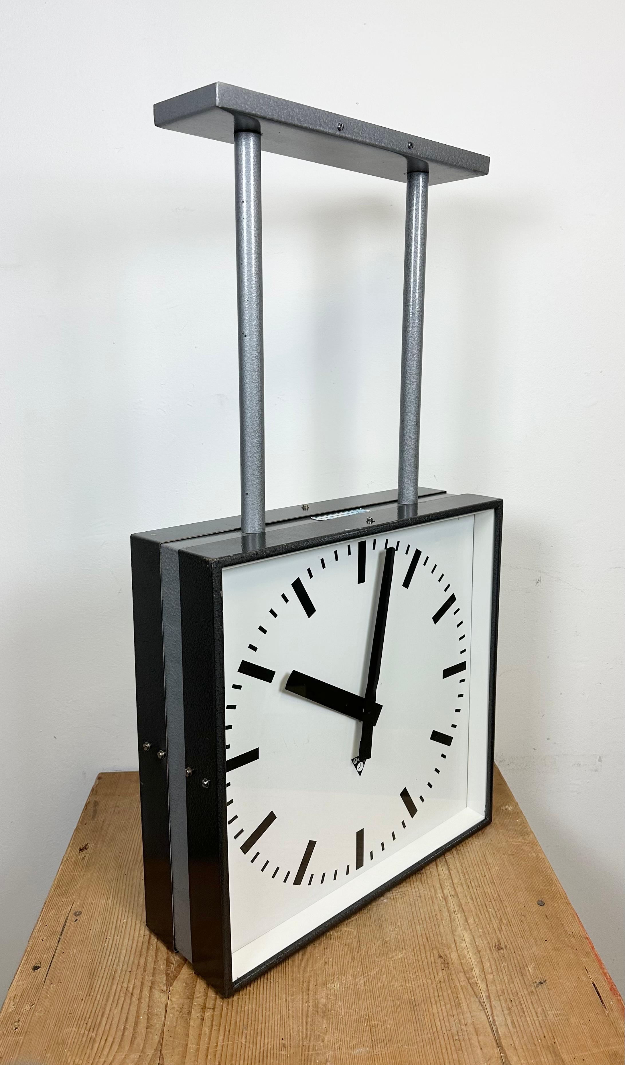 Large Industrial Square Double Sided Factory Ceiling Clock from Pragotron, 1970s For Sale 8