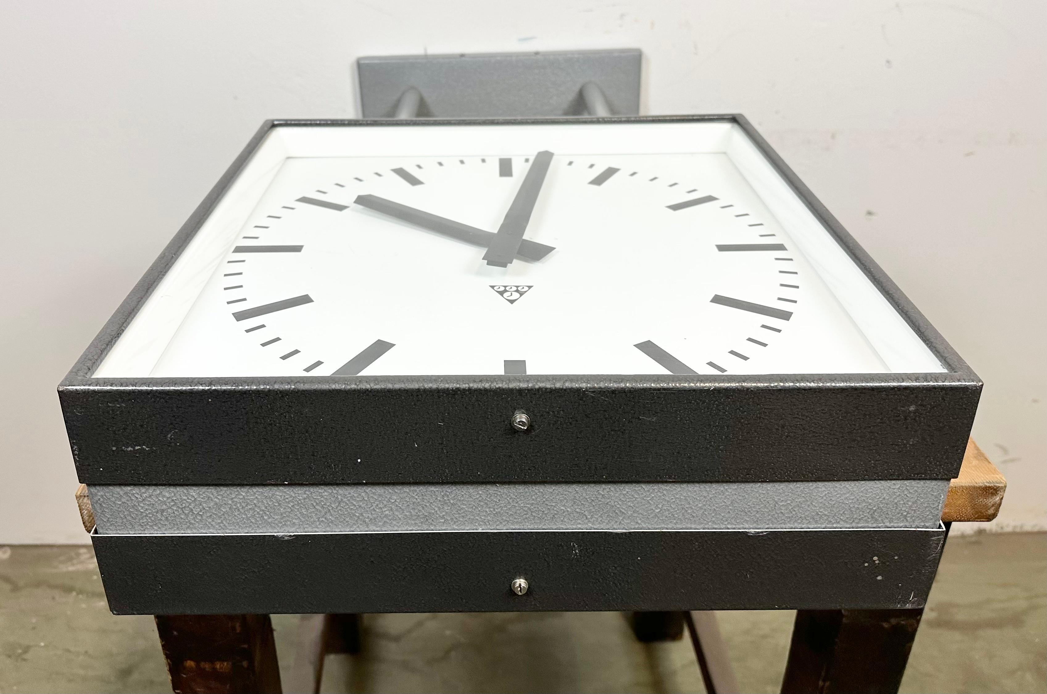 Large Industrial Square Double Sided Factory Ceiling Clock from Pragotron, 1970s For Sale 11