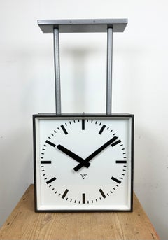 Large Industrial Square Double Sided Factory Ceiling Clock from Pragotron, 1970s