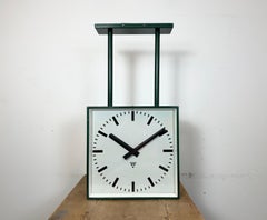 Large Industrial Square Double Sided Factory Ceiling Clock from Pragotron, 1970s
