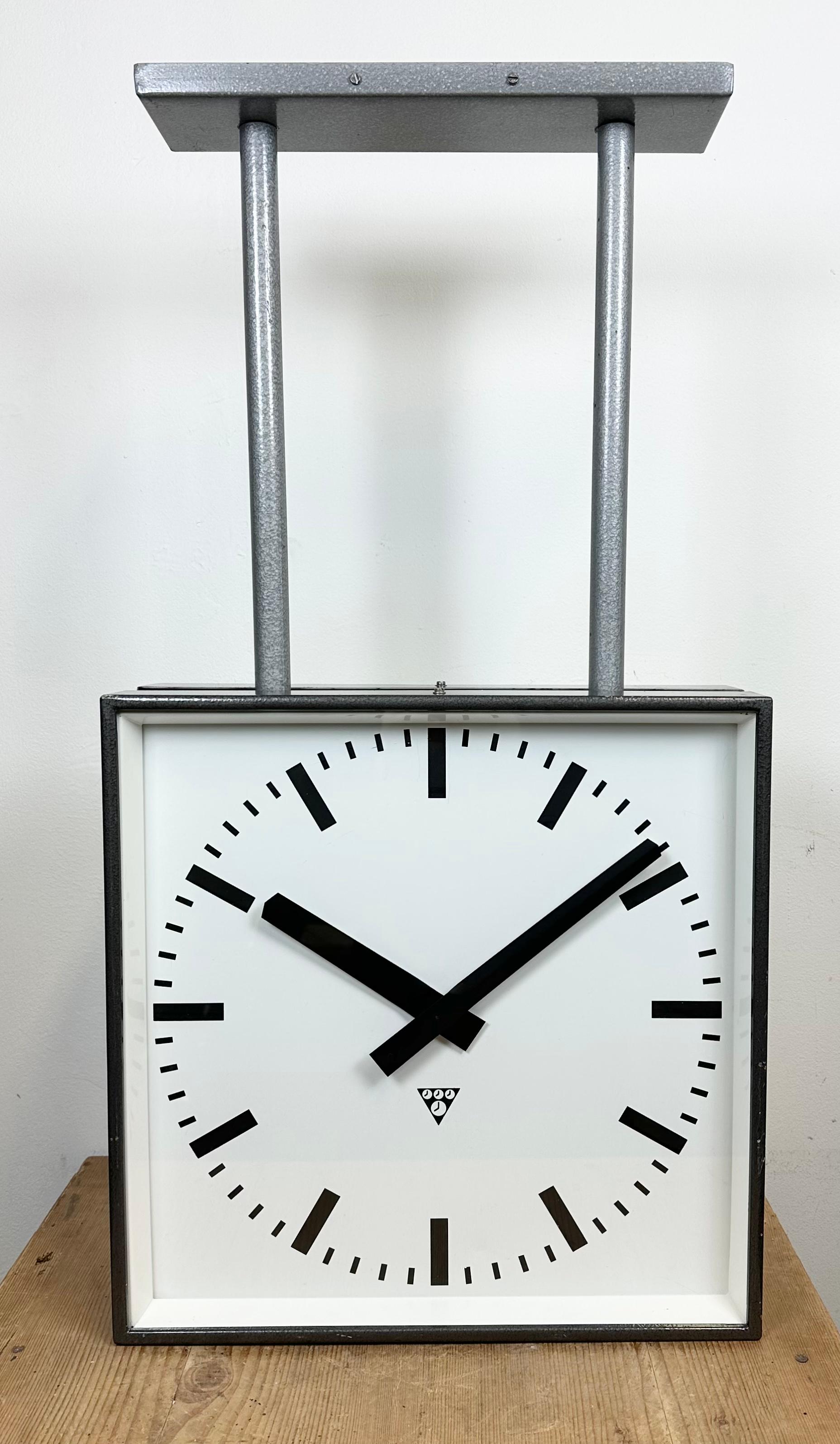 Czech Large Industrial Square Double Sided Factory Ceiling Clock from Pragotron, 1970s For Sale