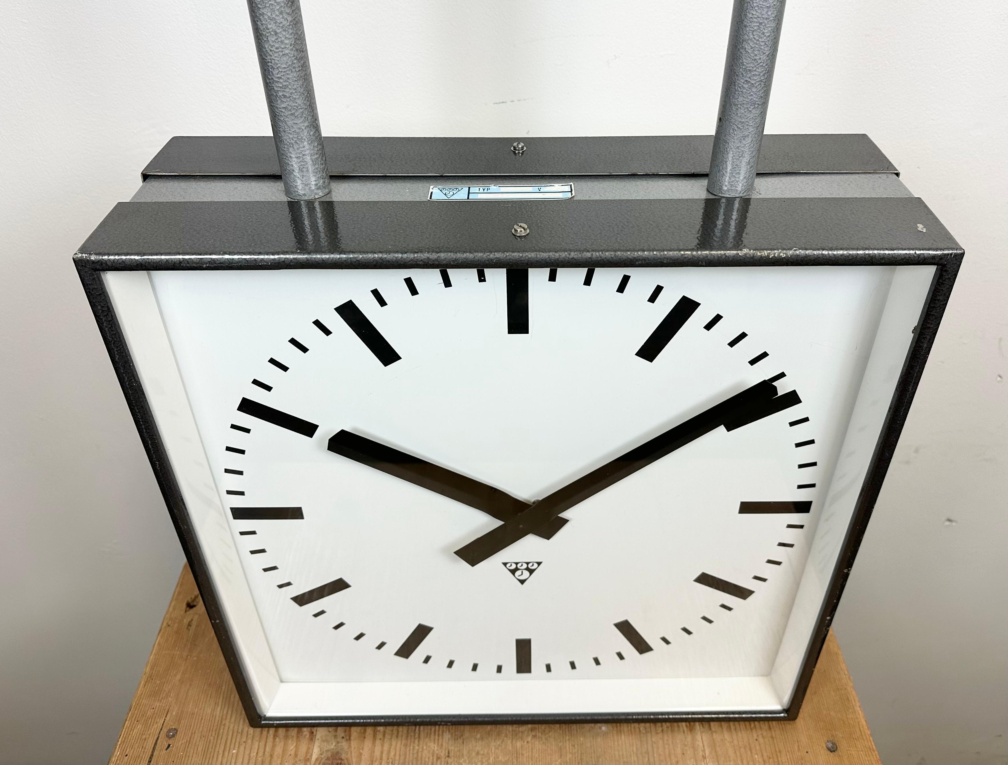 Large Industrial Square Double Sided Factory Ceiling Clock from Pragotron, 1970s In Good Condition For Sale In Kojetice, CZ