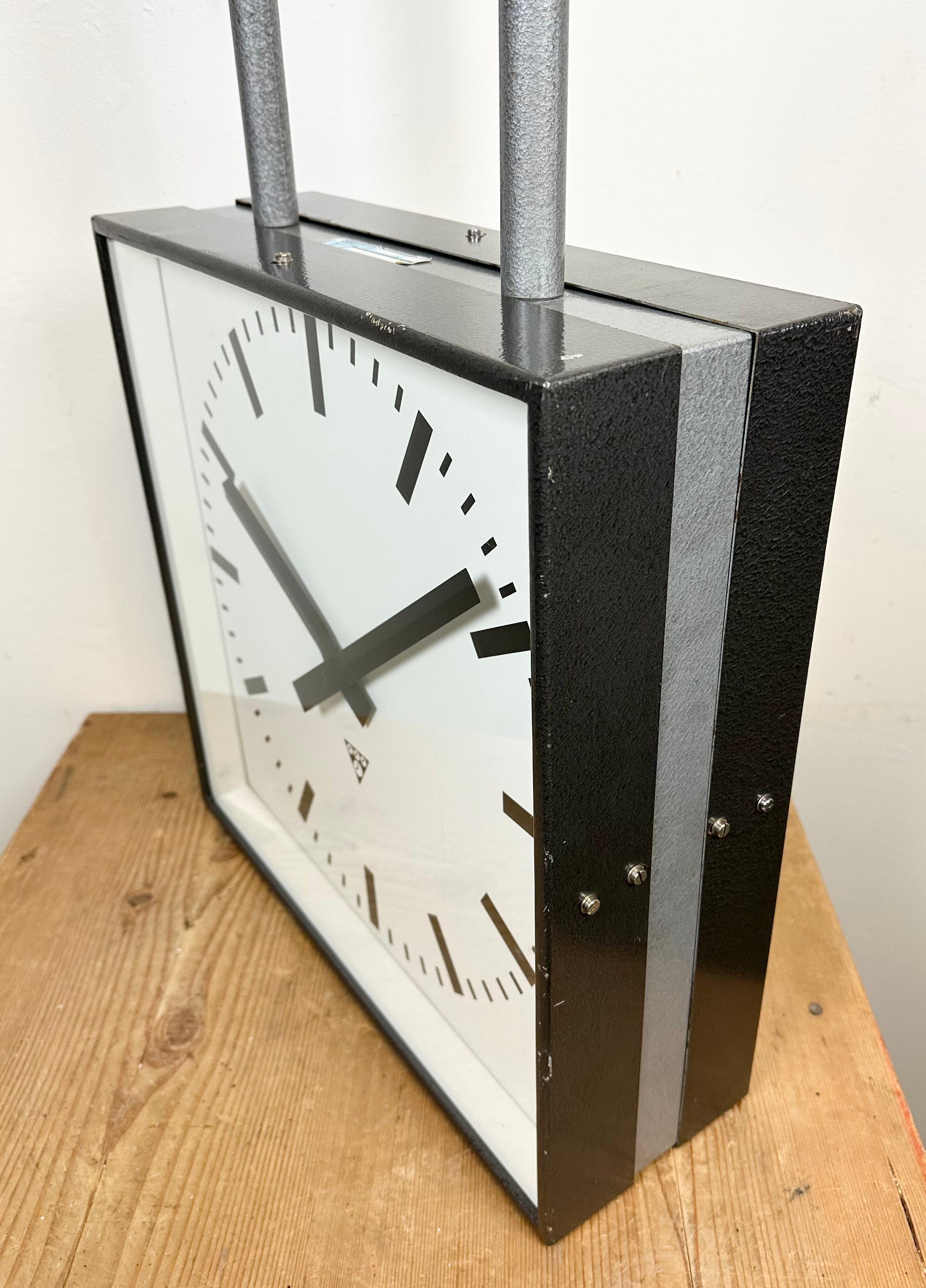Glass Large Industrial Square Double Sided Factory Ceiling Clock from Pragotron, 1970s For Sale