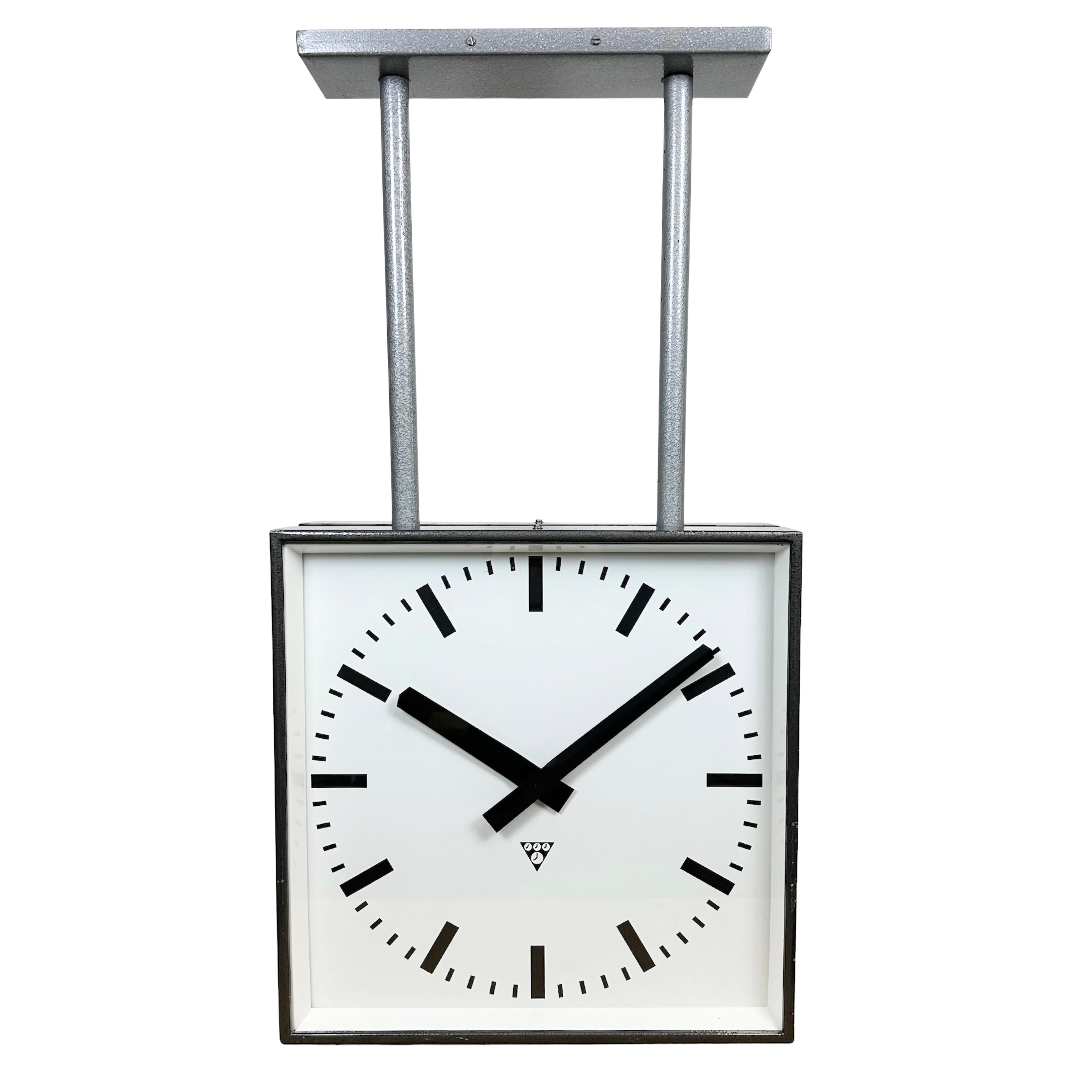 Large Industrial Square Double Sided Factory Ceiling Clock from Pragotron, 1970s For Sale
