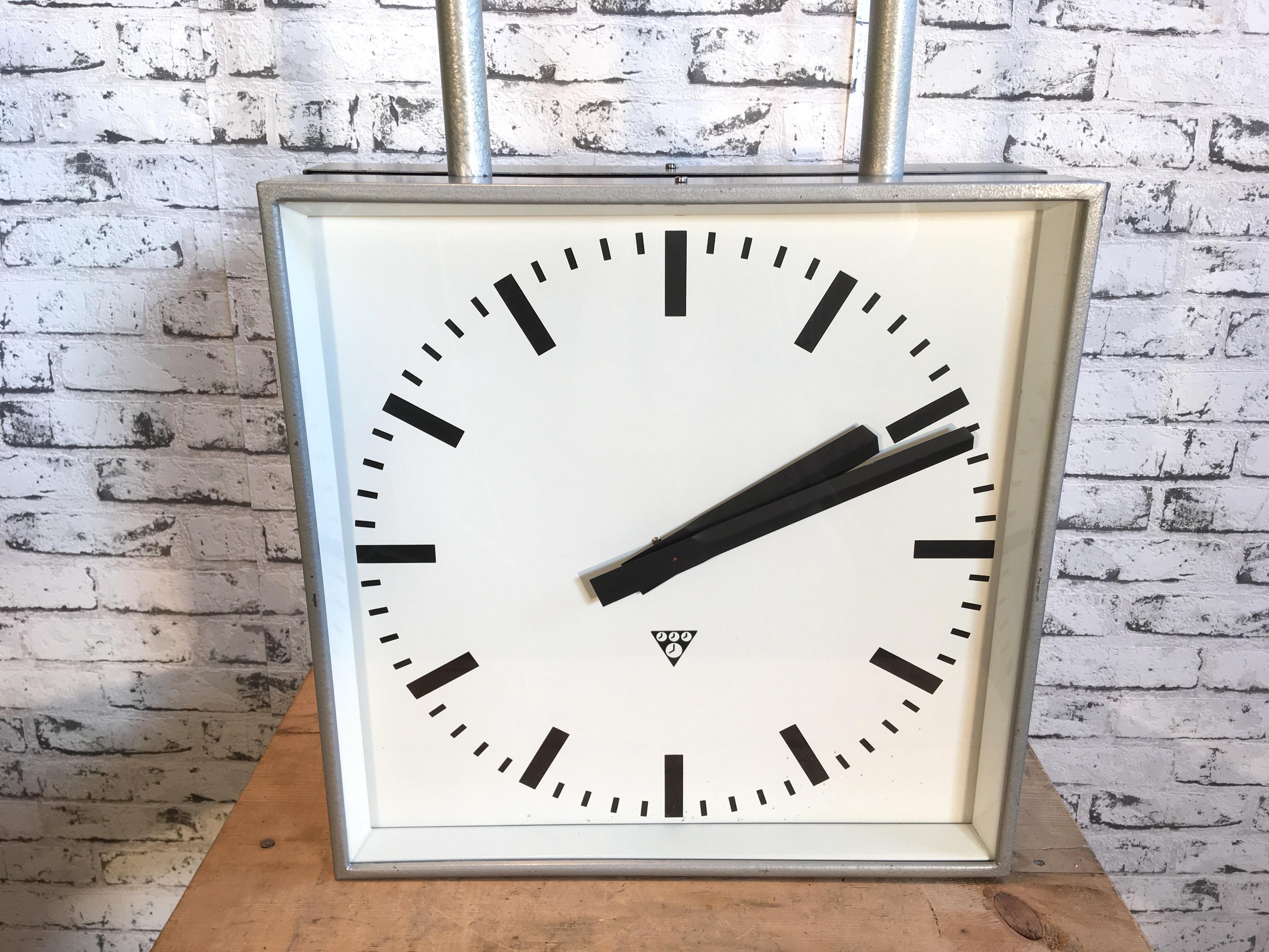 Large Industrial Square Double Sided Factory Clock from Pragotron, 1960s 4