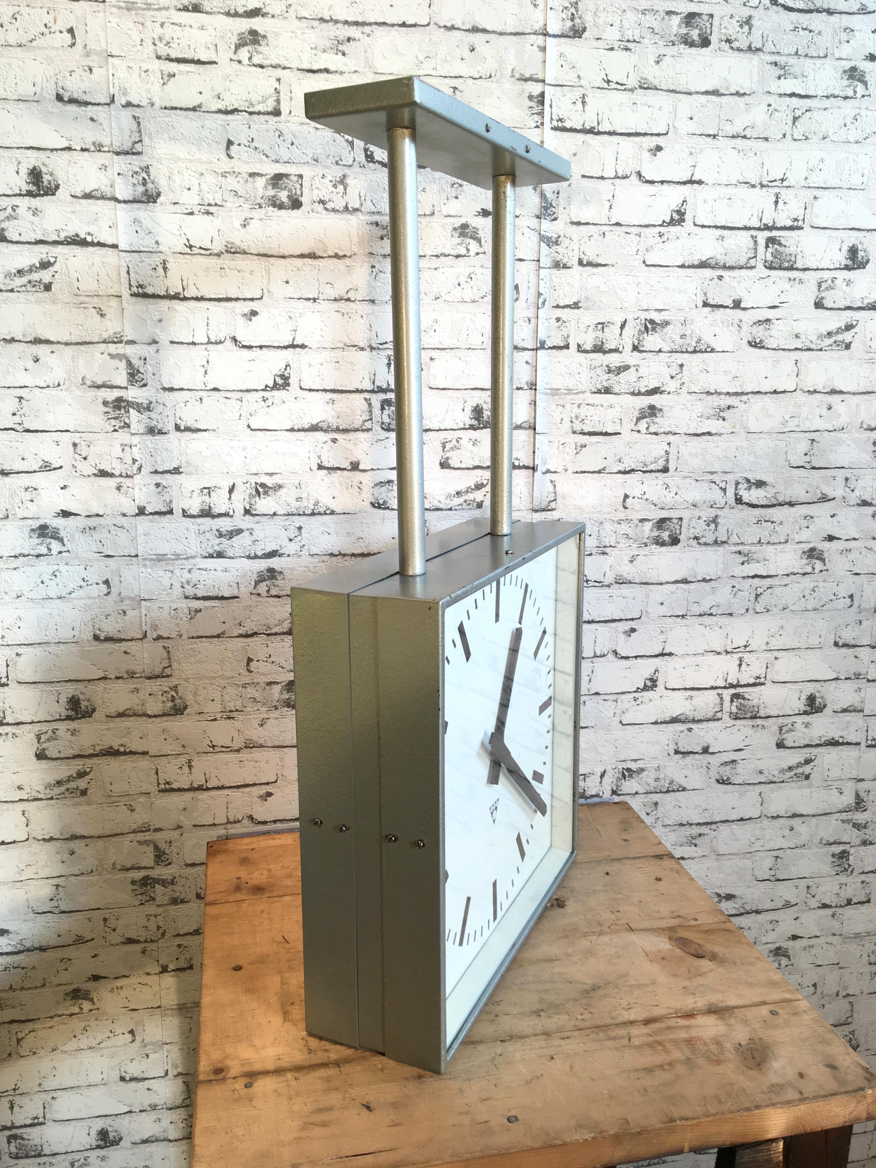 Czech Large Industrial Square Double Sided Factory Clock from Pragotron, 1960s